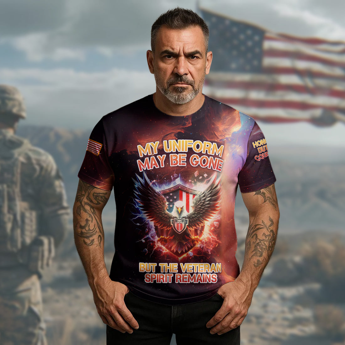 MY UNIFORM MAY BE GONE, BUT THE VETERAN SPIRIT REMAINS, FOREVER VETERAN All-over Print T-Shirt
