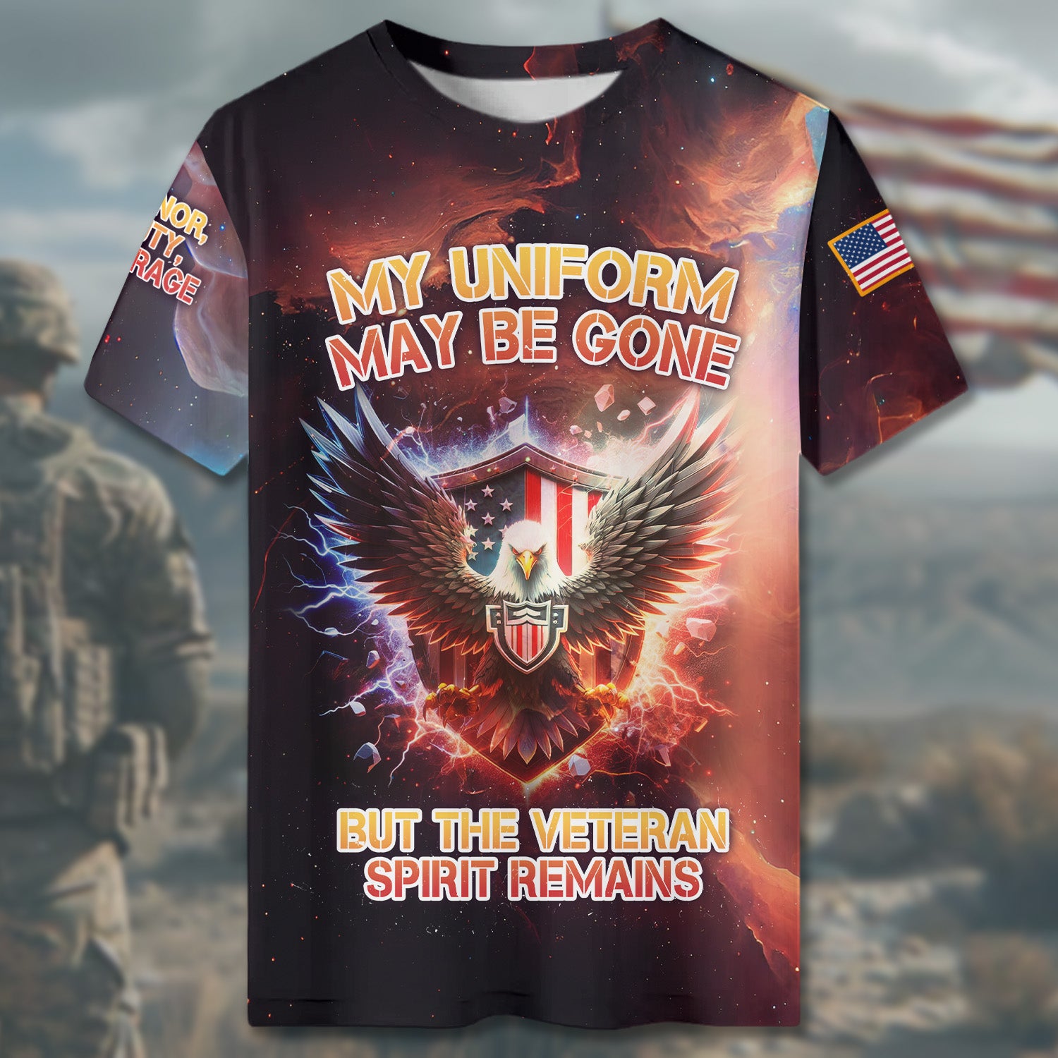 MY UNIFORM MAY BE GONE, BUT THE VETERAN SPIRIT REMAINS, FOREVER VETERAN All-over Print T-Shirt