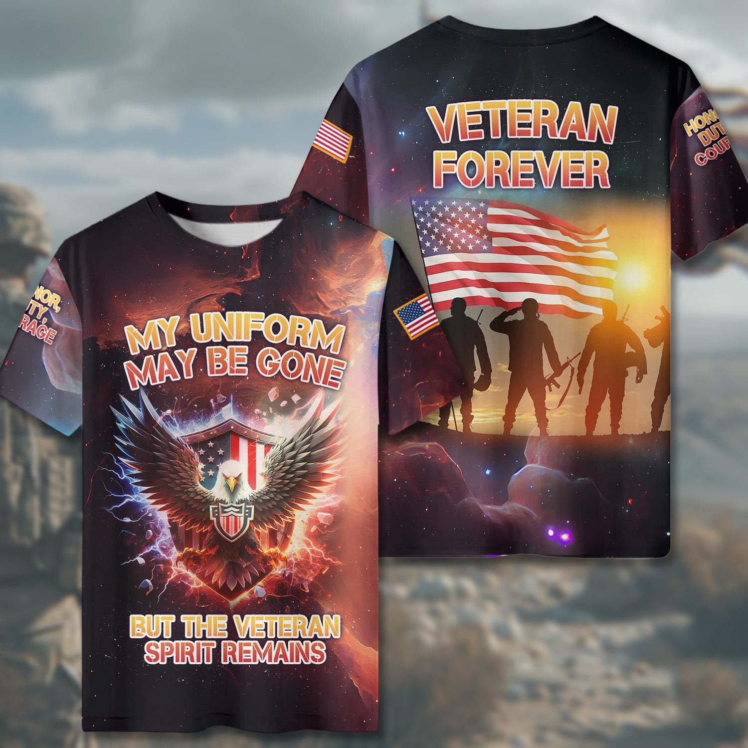 MY UNIFORM MAY BE GONE, BUT THE VETERAN SPIRIT REMAINS, FOREVER VETERAN All-over Print T-Shirt