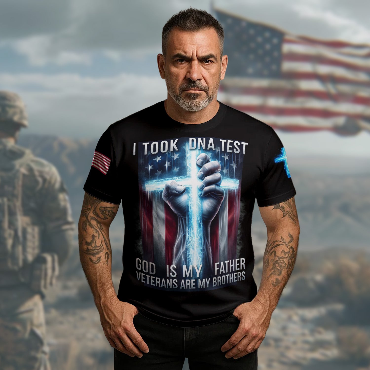 I Took a DNA Test God Is My Father Veterans Are My Brothers Bound by Faith and Service All-over Print T-Shirt