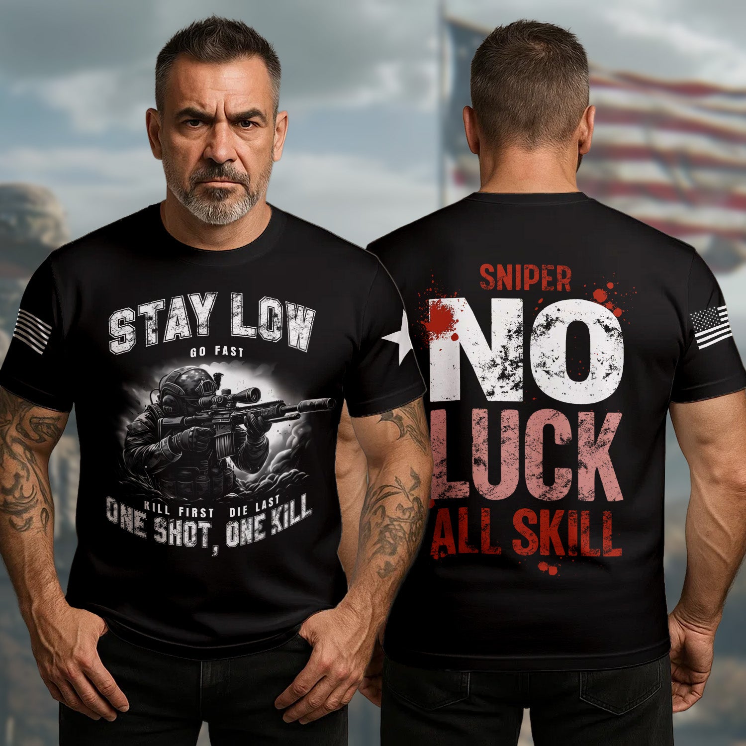Stay Low Go Fast Kill First Die Last One Shot One Kill No Luck All Skill All-over Print T-Shirt