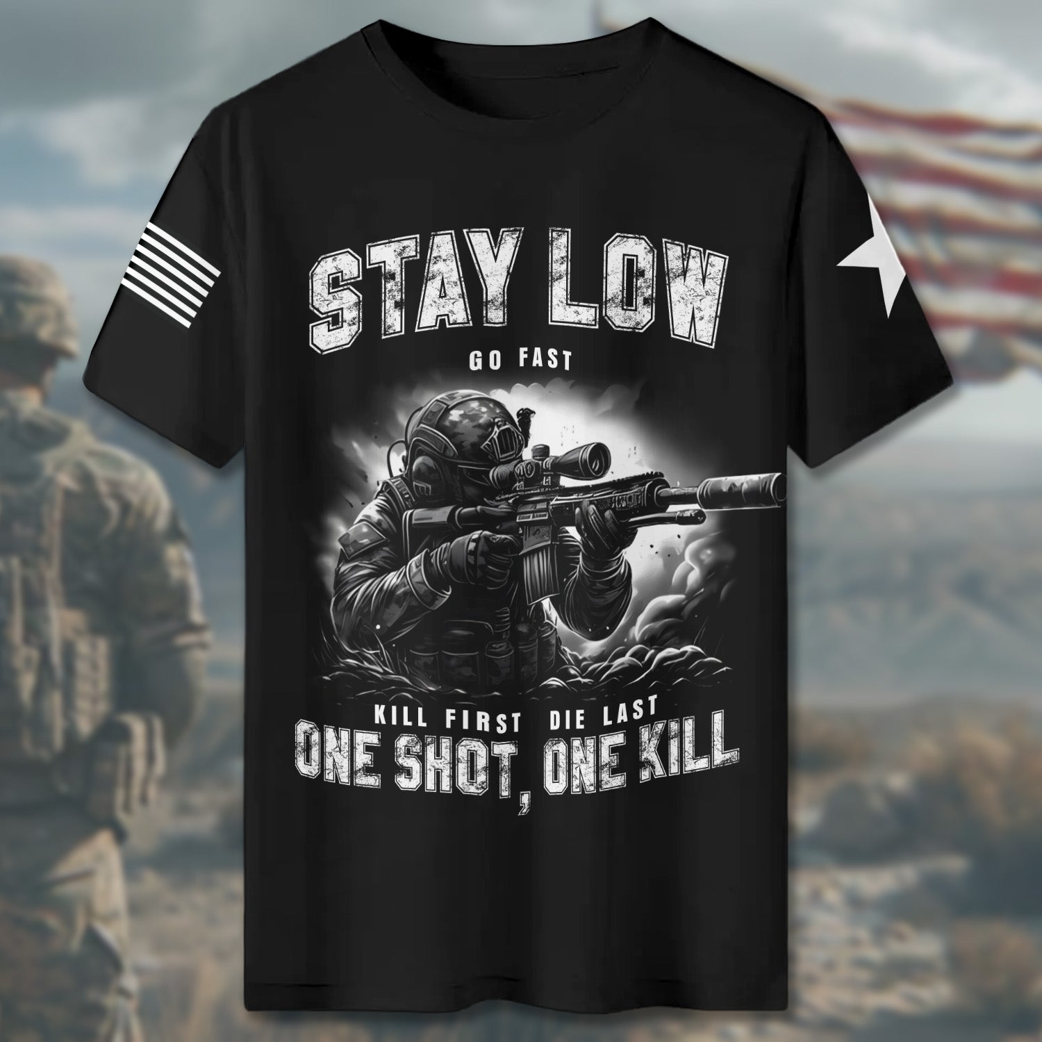 Stay Low Go Fast Kill First Die Last One Shot One Kill No Luck All Skill All-over Print T-Shirt