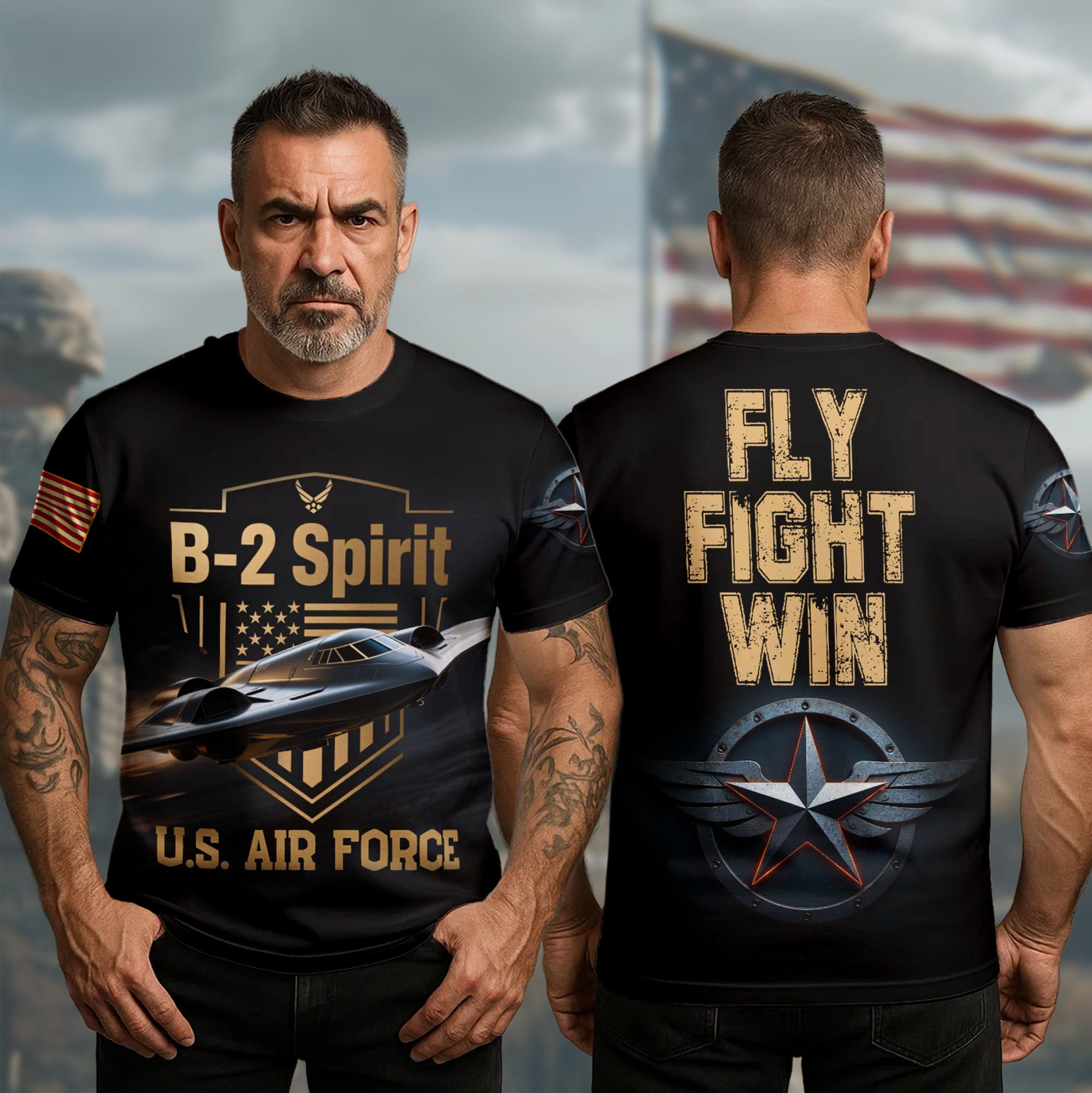 B-2 Spirit U.S. Air Force Fly Fight Win Stealth Power and Precision in Defense of Freedom All-over Print T-Shirt