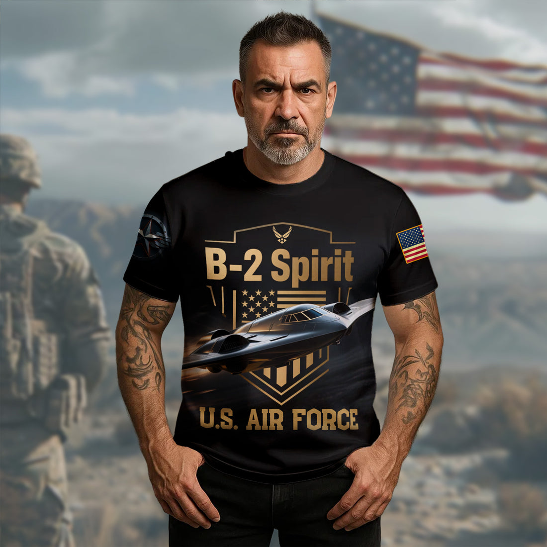 B-2 Spirit U.S. Air Force Fly Fight Win Stealth Power and Precision in Defense of Freedom All-over Print T-Shirt