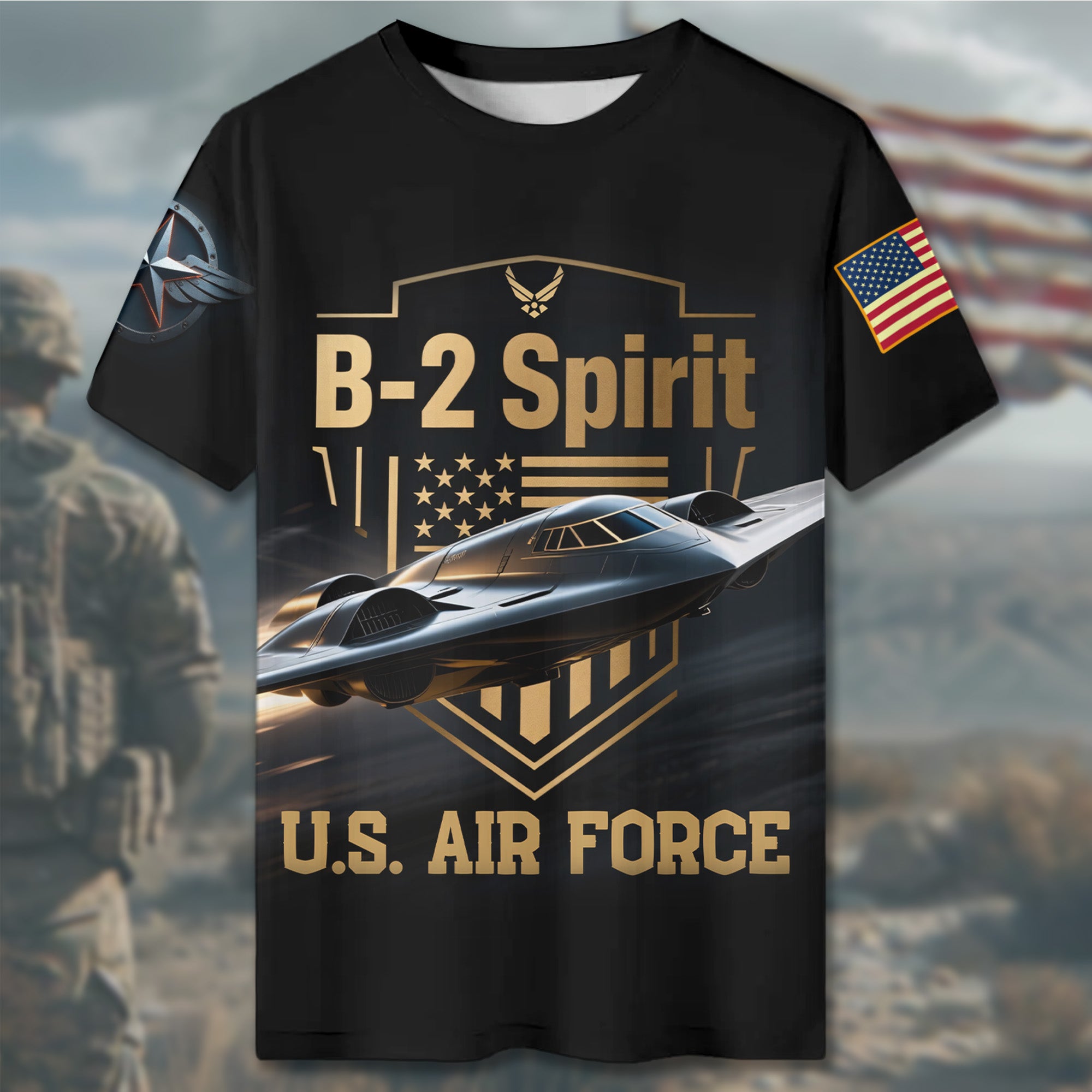 B-2 Spirit U.S. Air Force Fly Fight Win Stealth Power and Precision in Defense of Freedom All-over Print T-Shirt