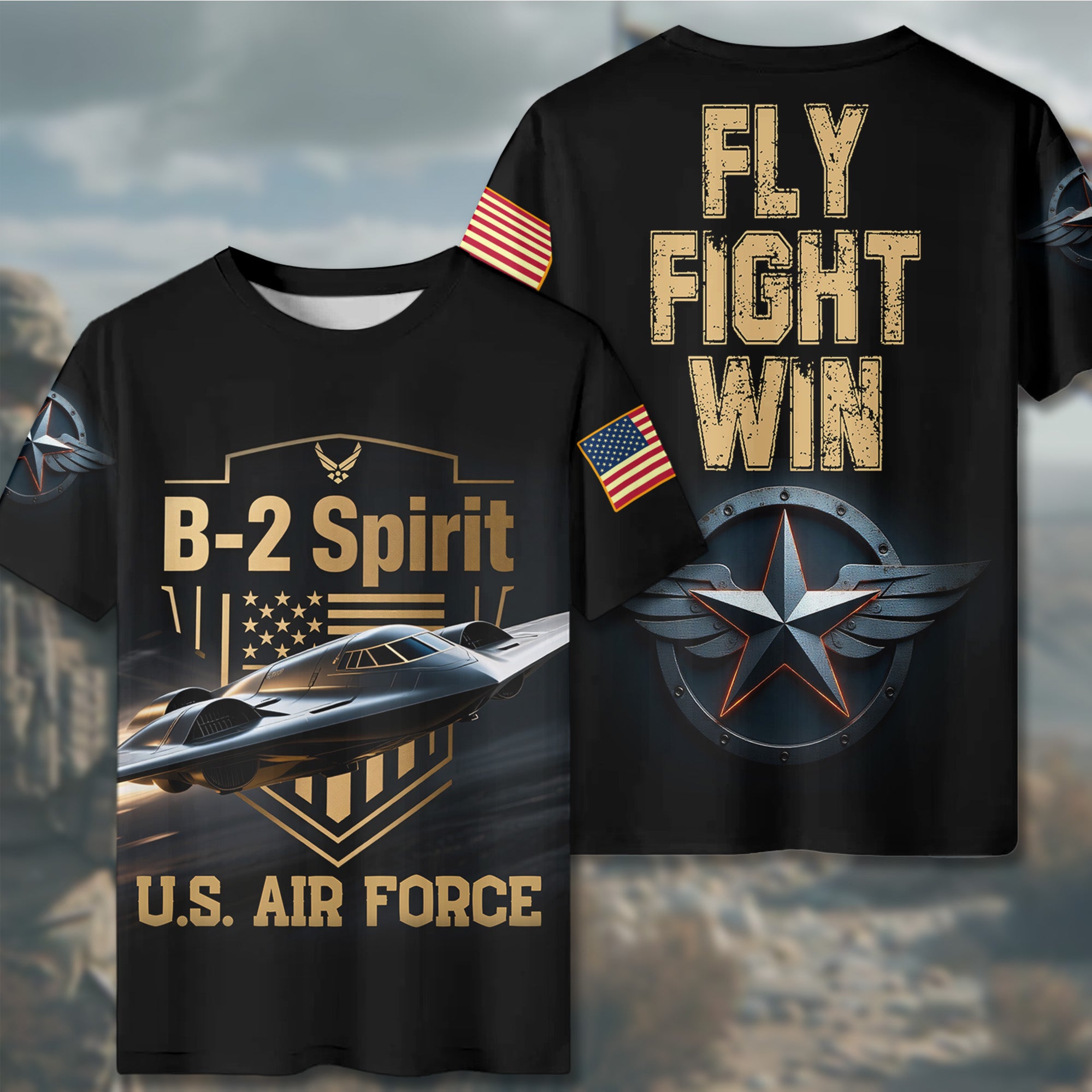 B-2 Spirit U.S. Air Force Fly Fight Win Stealth Power and Precision in Defense of Freedom All-over Print T-Shirt
