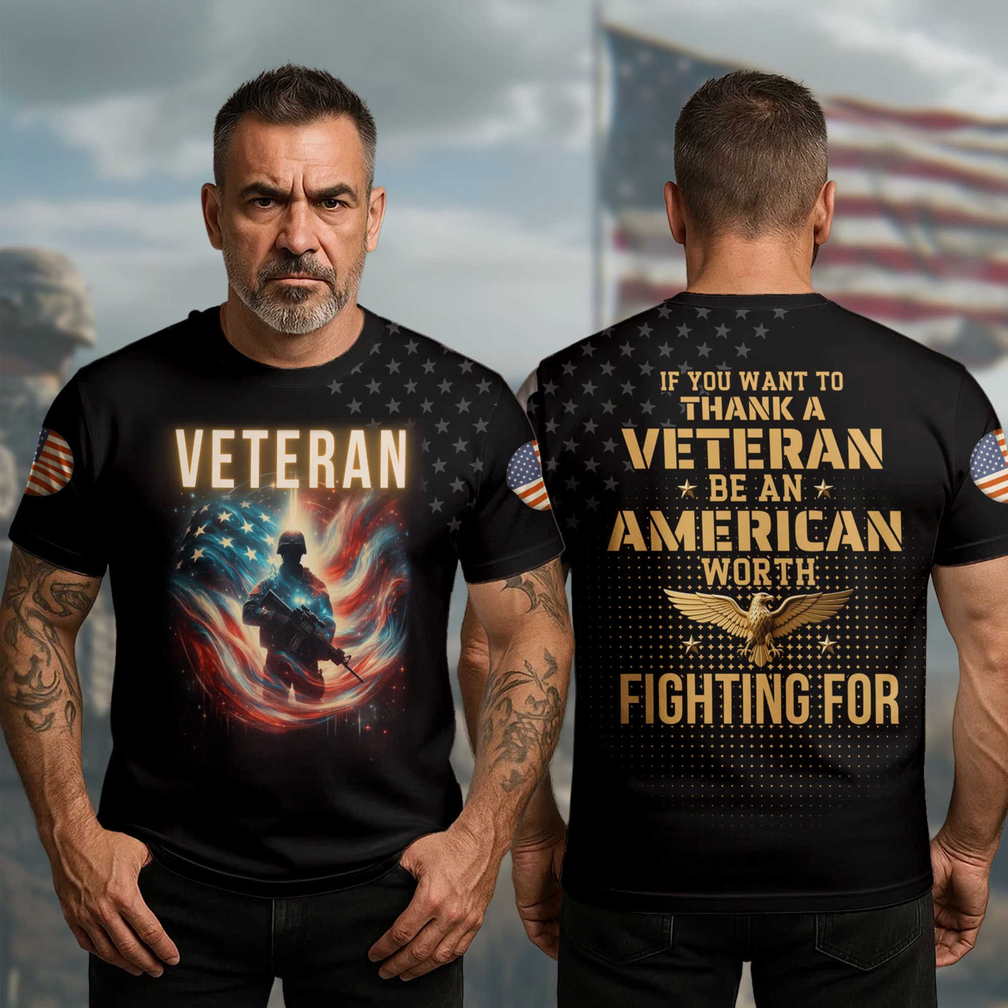 Thank a Veteran Be an American Worth Fighting For Live Free with Honor and Patriotism All-over Print T-Shirt