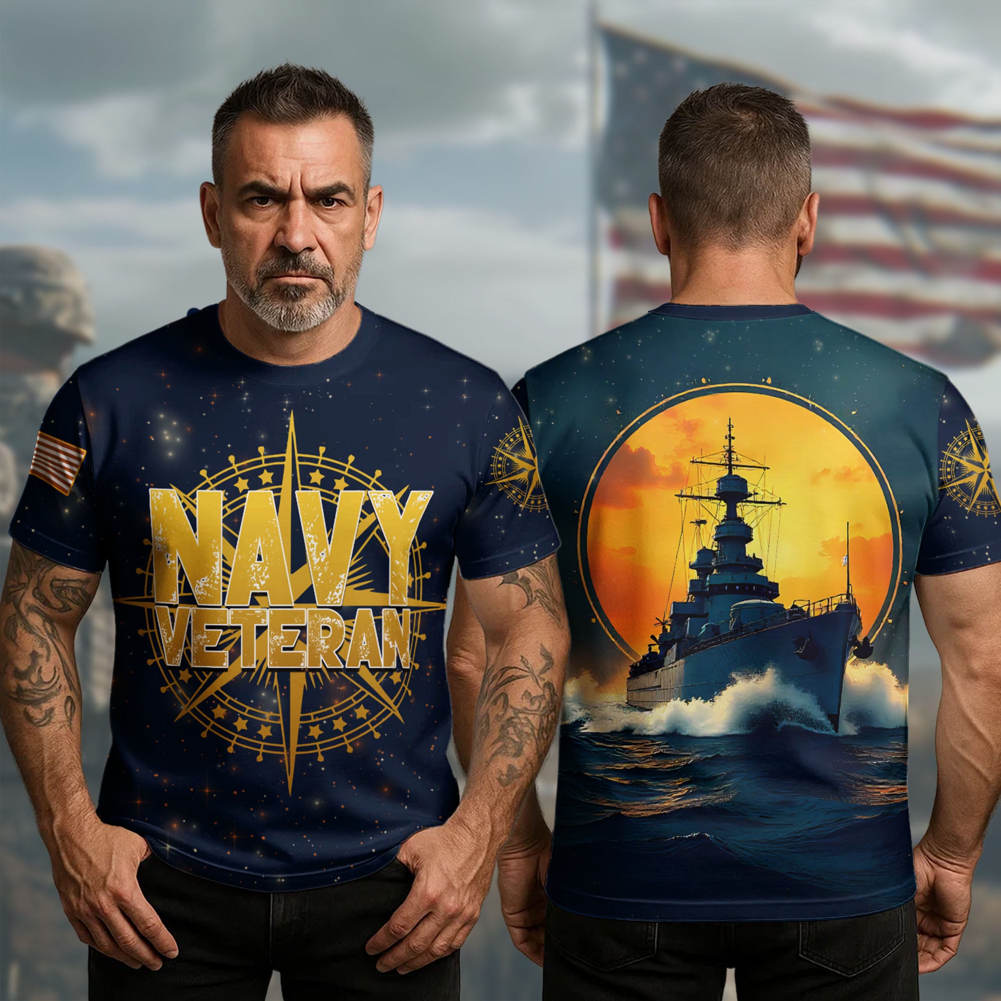 Navy Veteran Proud Defender of the Seas Honoring Service Courage and American Commitment All-over Print T-Shirt