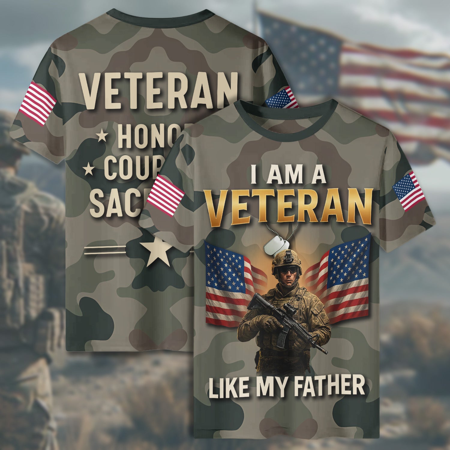 I Am a Veteran Like My Father Carrying the Legacy of Service Honor and American Pride All-over Print T-Shirt