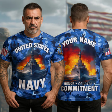 United States Navy Honor Courage Commitment Proudly Serving with Strength Duty and Integrity All-over Print Personalized T-Shirt