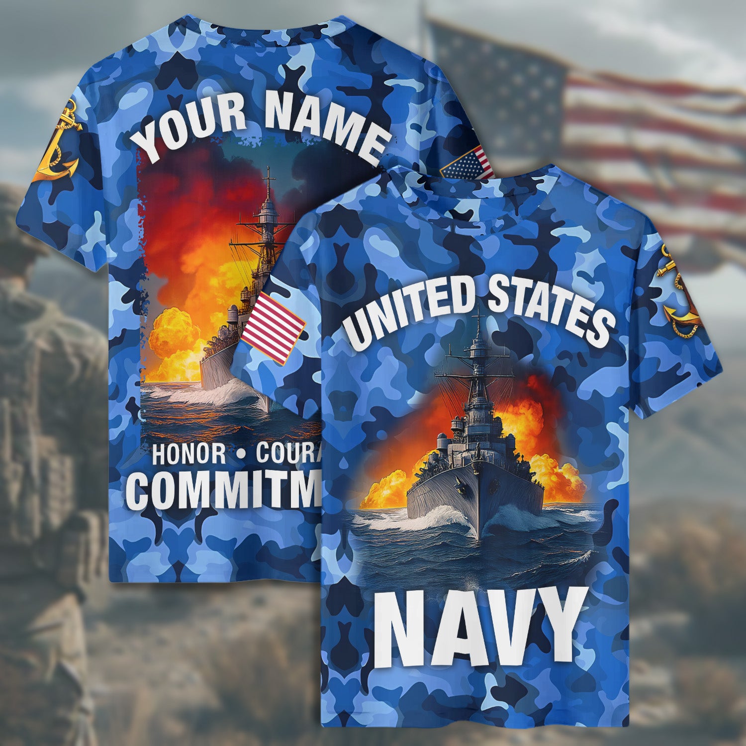 United States Navy Honor Courage Commitment Proudly Serving with Strength Duty and Integrity All-over Print Personalized T-Shirt