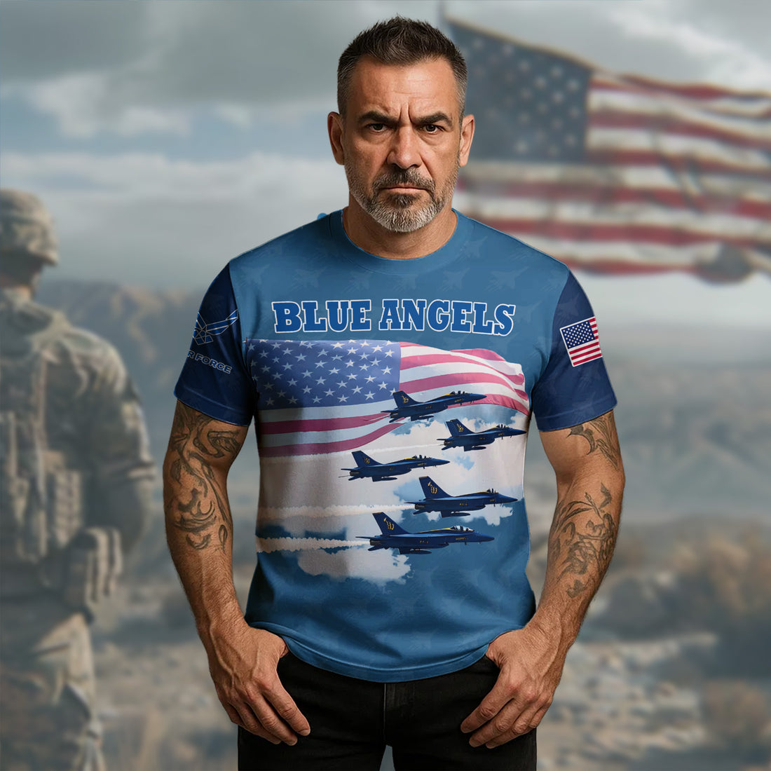 Blue Angels Precision in the Sky Honoring U.S. Navy Aviation Excellence and Veteran Brilliance All-over Print T-Shirt