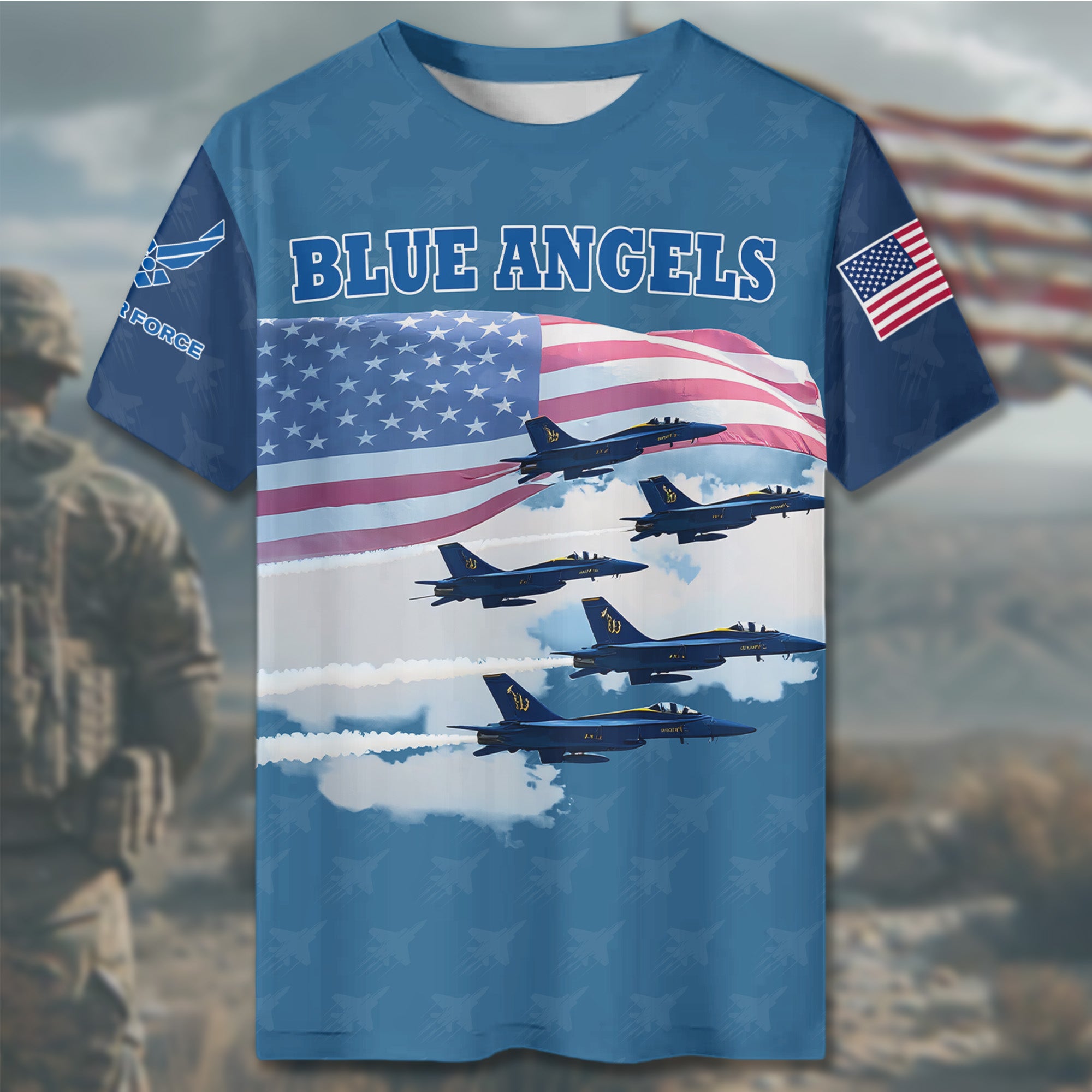 Blue Angels Precision in the Sky Honoring U.S. Navy Aviation Excellence and Veteran Brilliance All-over Print T-Shirt