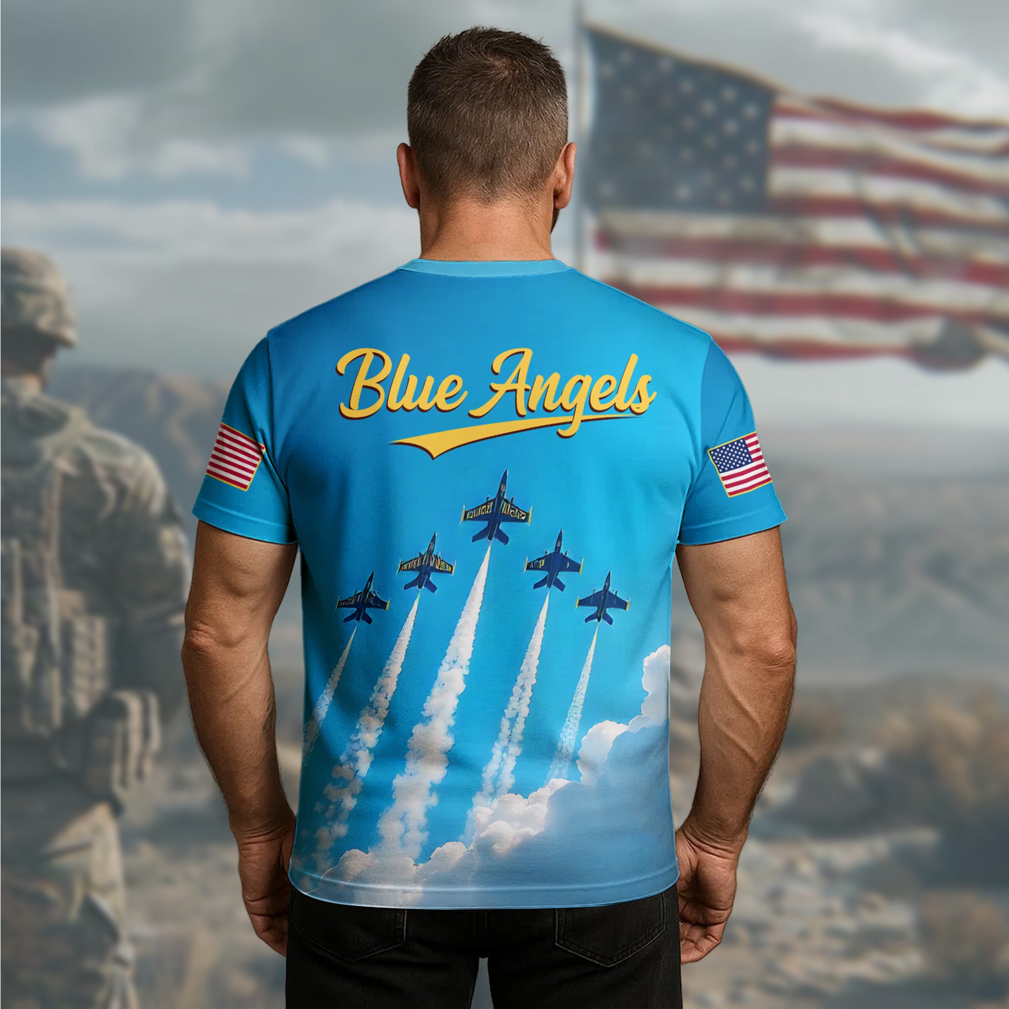 Blue Angels U.S. Navy Flight Demonstration Team Precision Power and Pride in Every Pass All-over Print T-Shirt