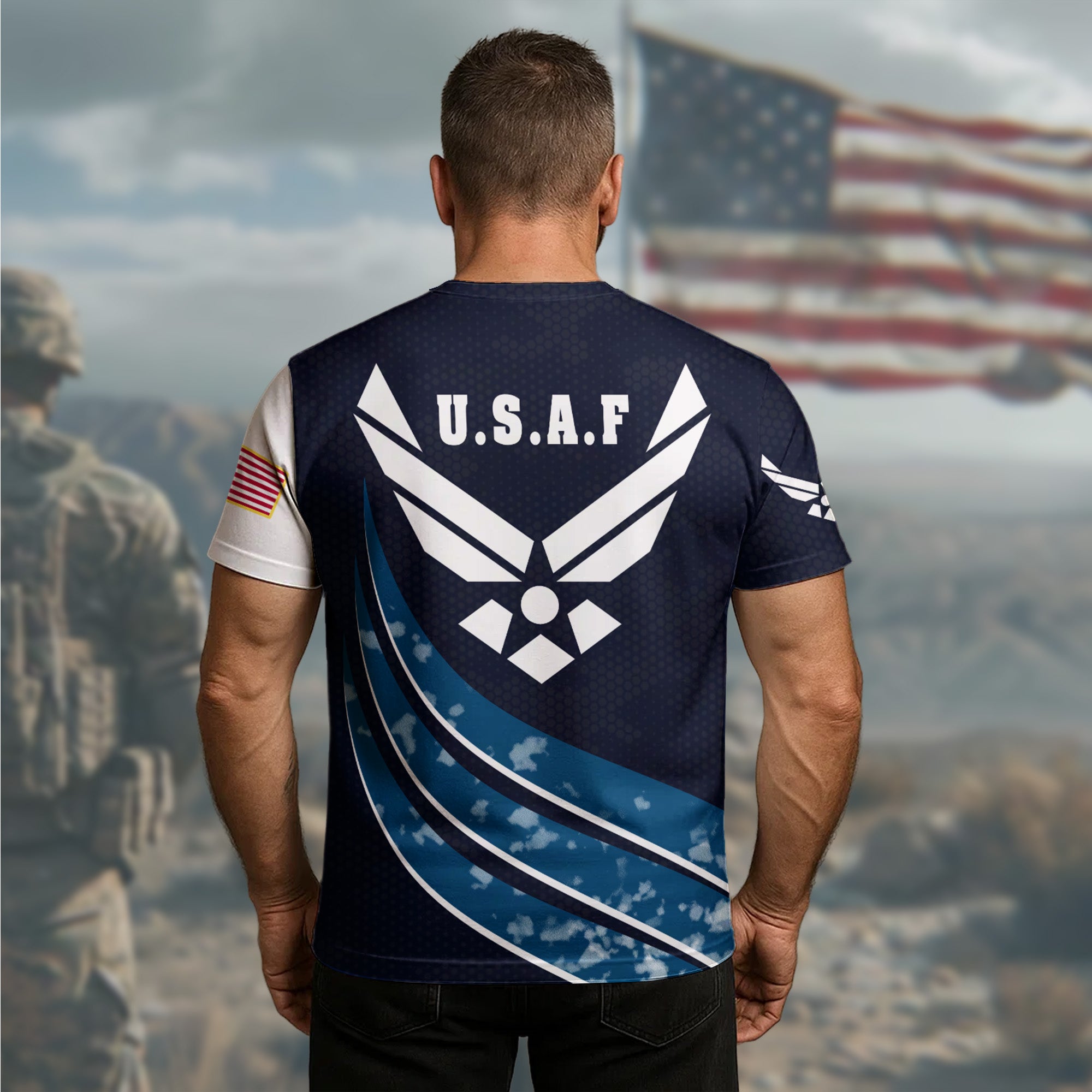 U.S.A.F Proud Wingmen of Freedom Defending the Skies with Strength Precision and Honor All-over Print T-Shirt