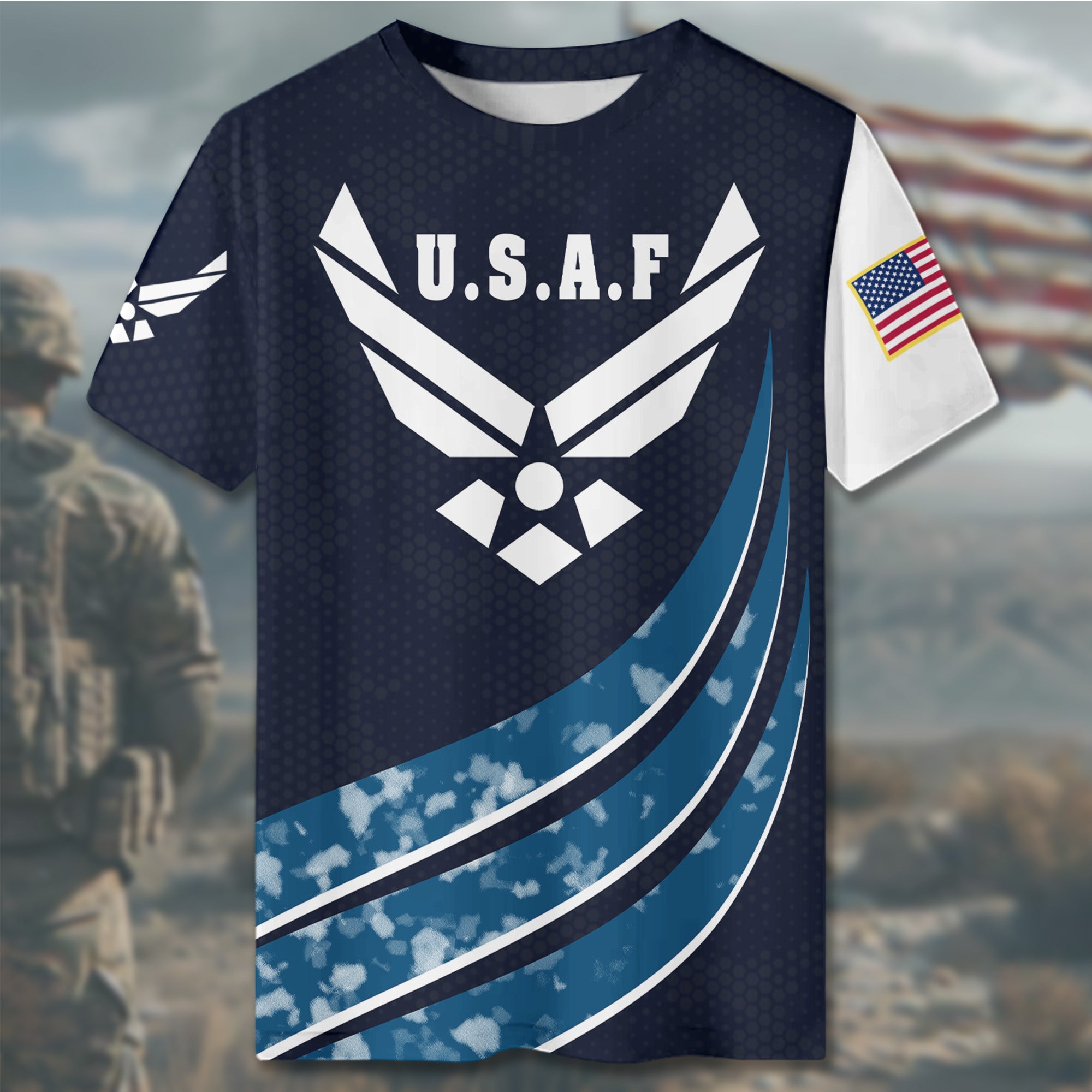 U.S.A.F Proud Wingmen of Freedom Defending the Skies with Strength Precision and Honor All-over Print T-Shirt