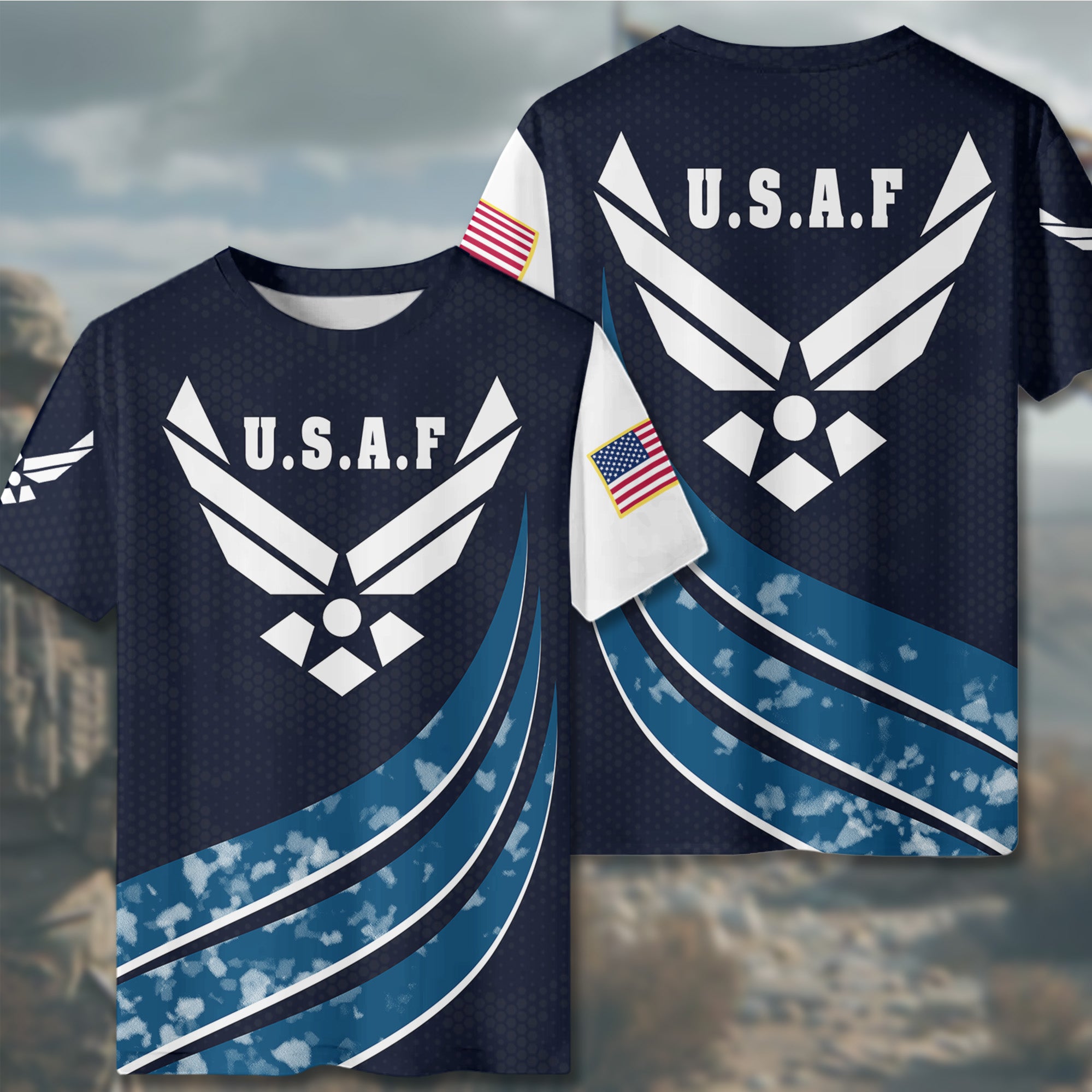 U.S.A.F Proud Wingmen of Freedom Defending the Skies with Strength Precision and Honor All-over Print T-Shirt