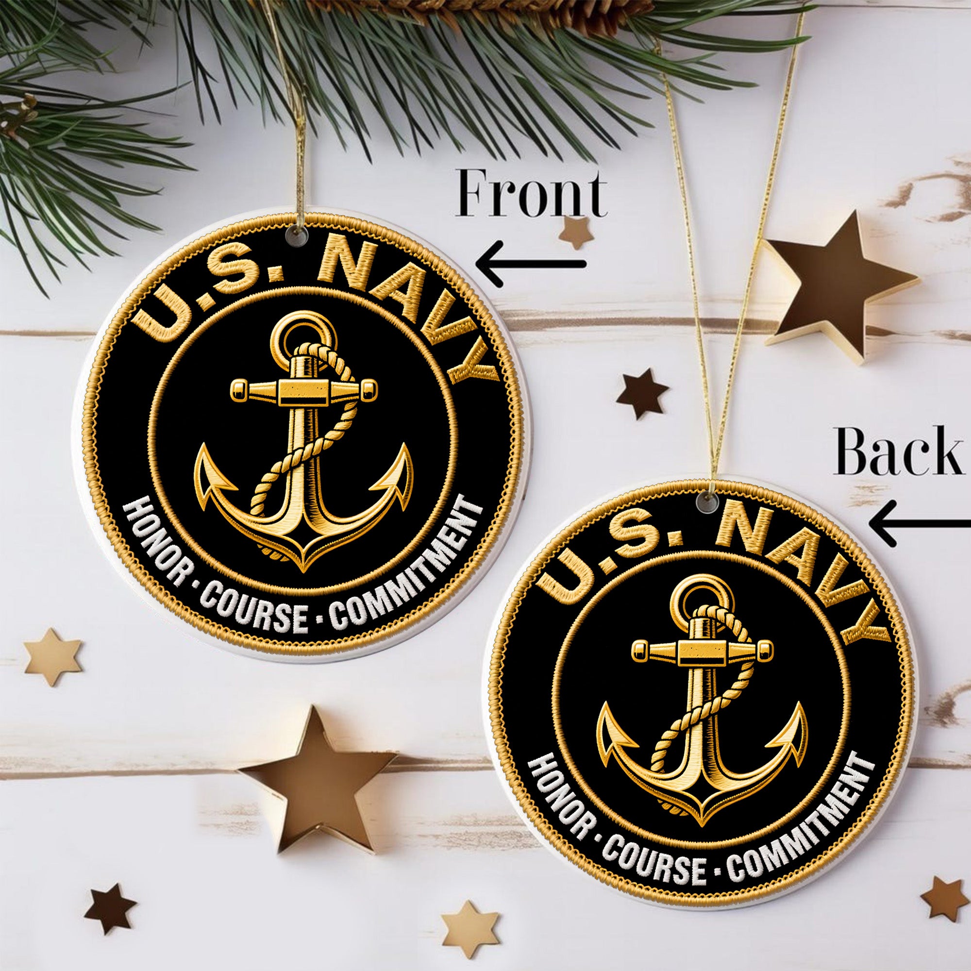 U.S. Navy Honor Courage Commitment Core Values of a Proud Veteran and Defender at Sea Ornament