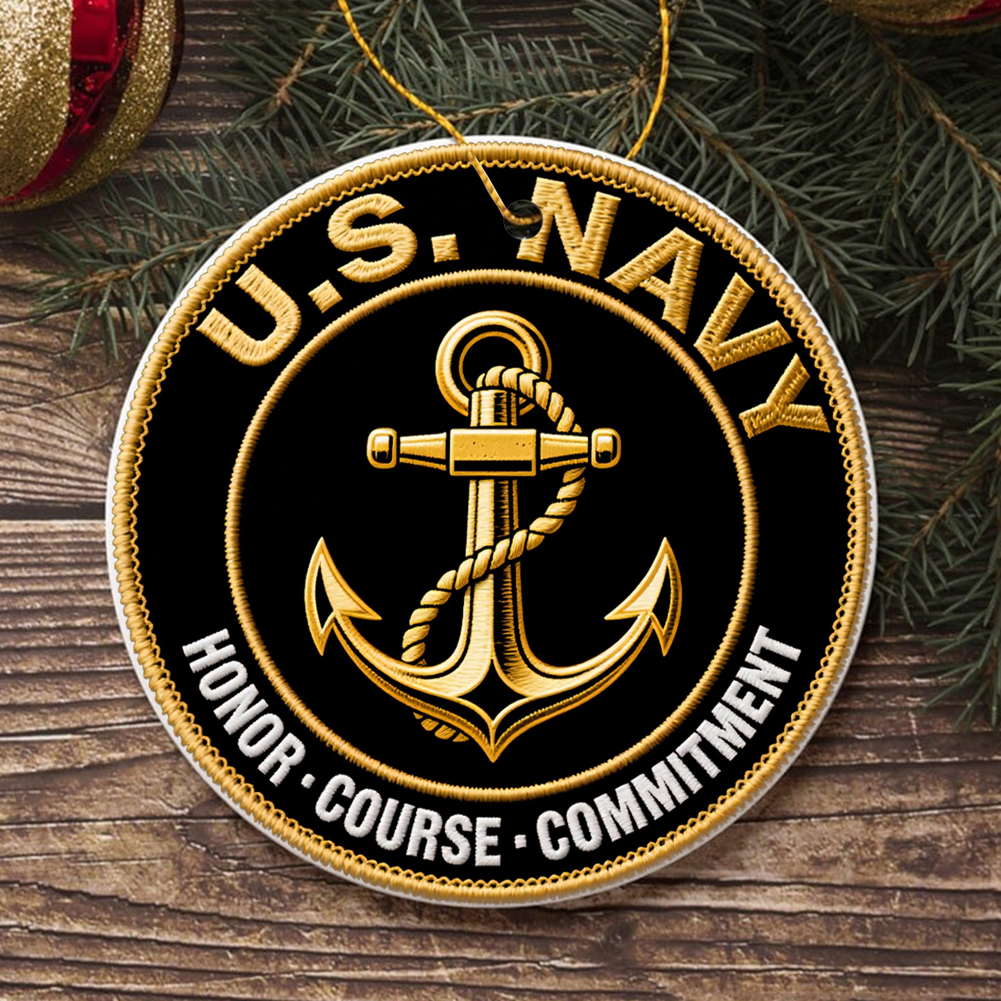 U.S. Navy Honor Courage Commitment Core Values of a Proud Veteran and Defender at Sea Ornament