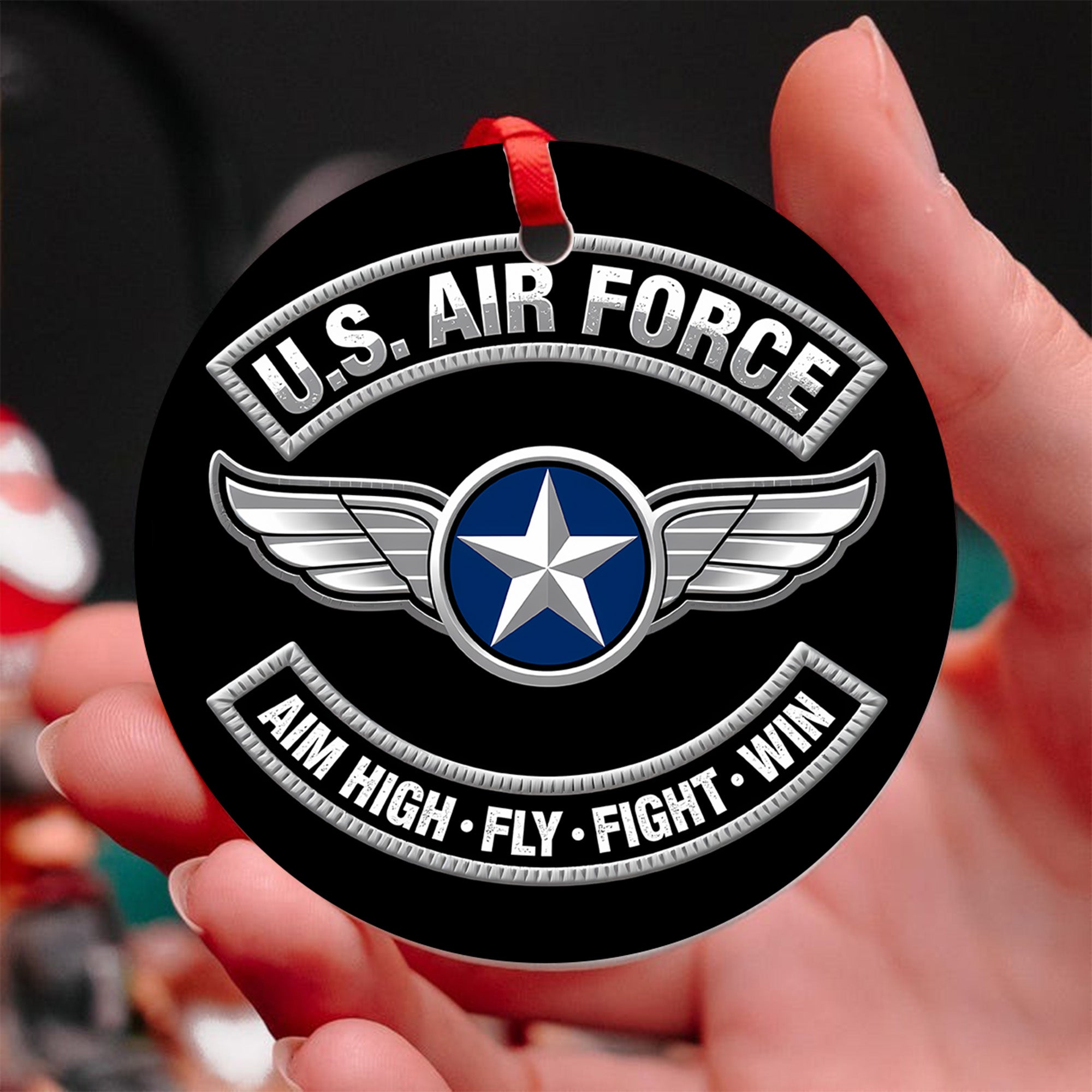 U.S. Air Force Aim High Fly Fight Win Proud Veteran Strength Precision and Commitment to Serve Ornament