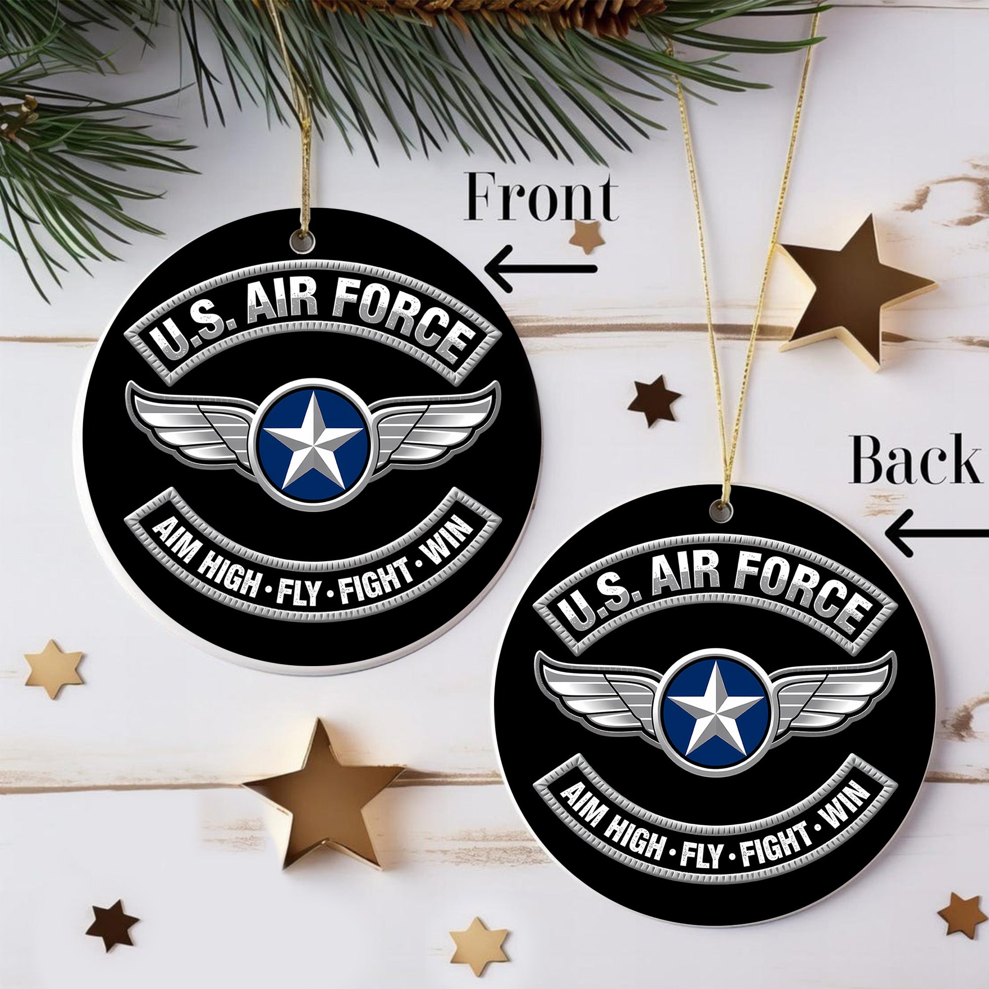 U.S. Air Force Aim High Fly Fight Win Proud Veteran Strength Precision and Commitment to Serve Ornament