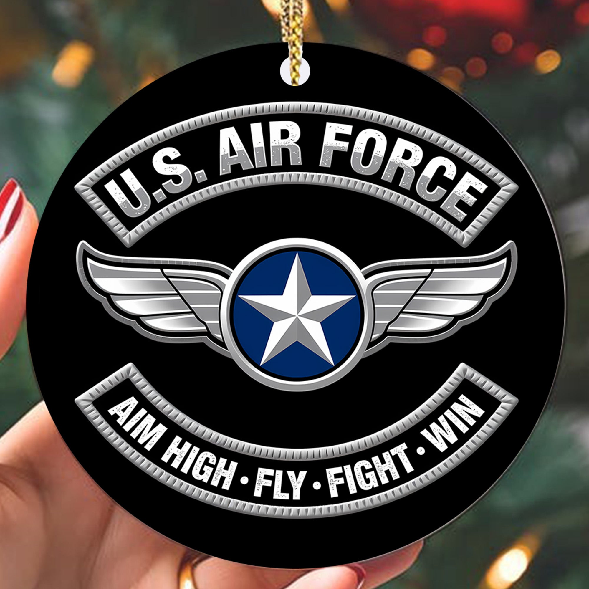U.S. Air Force Aim High Fly Fight Win Proud Veteran Strength Precision and Commitment to Serve Ornament