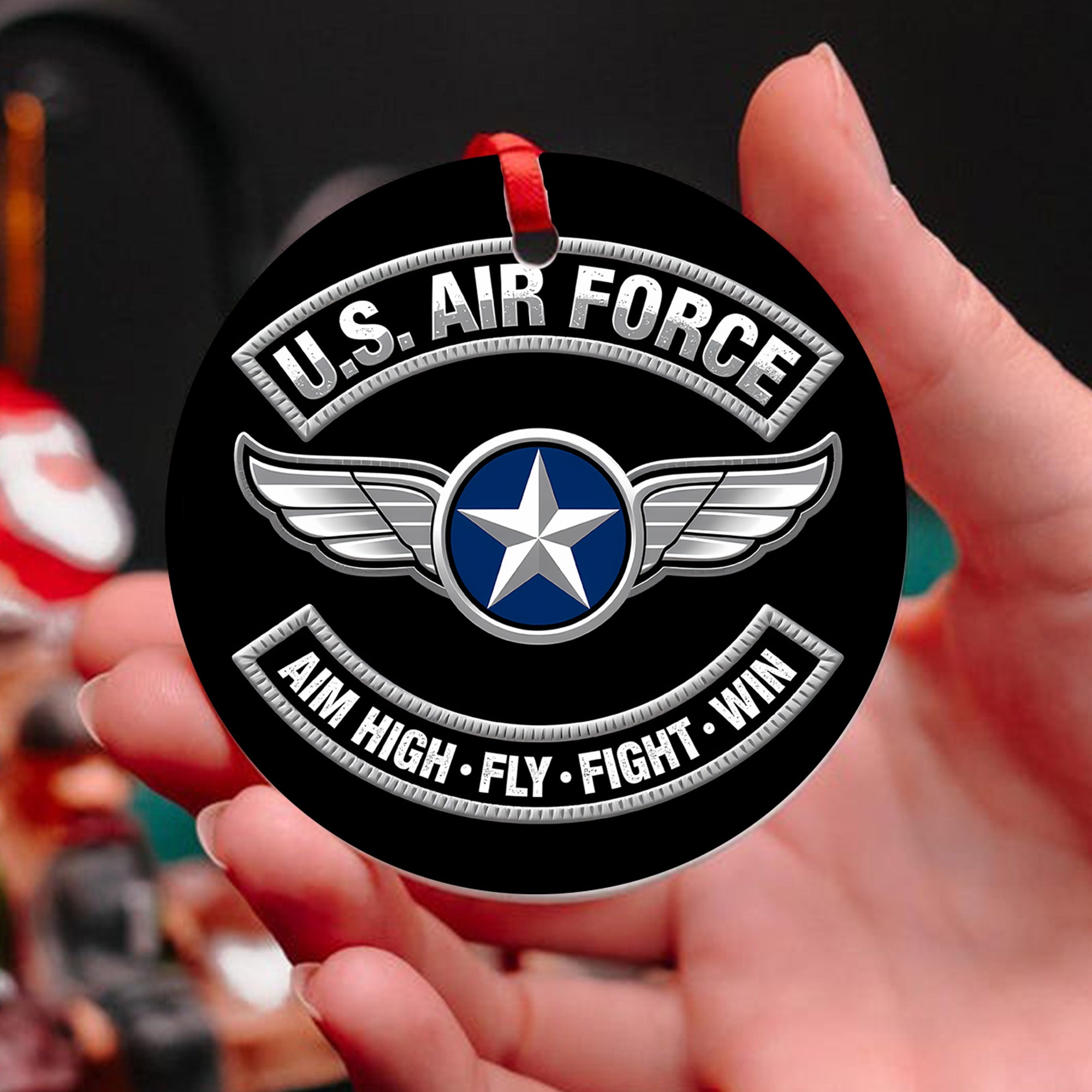 U.S. Air Force Aim High Fly Fight Win Proud Veteran Strength Precision and Commitment to Serve Ornament