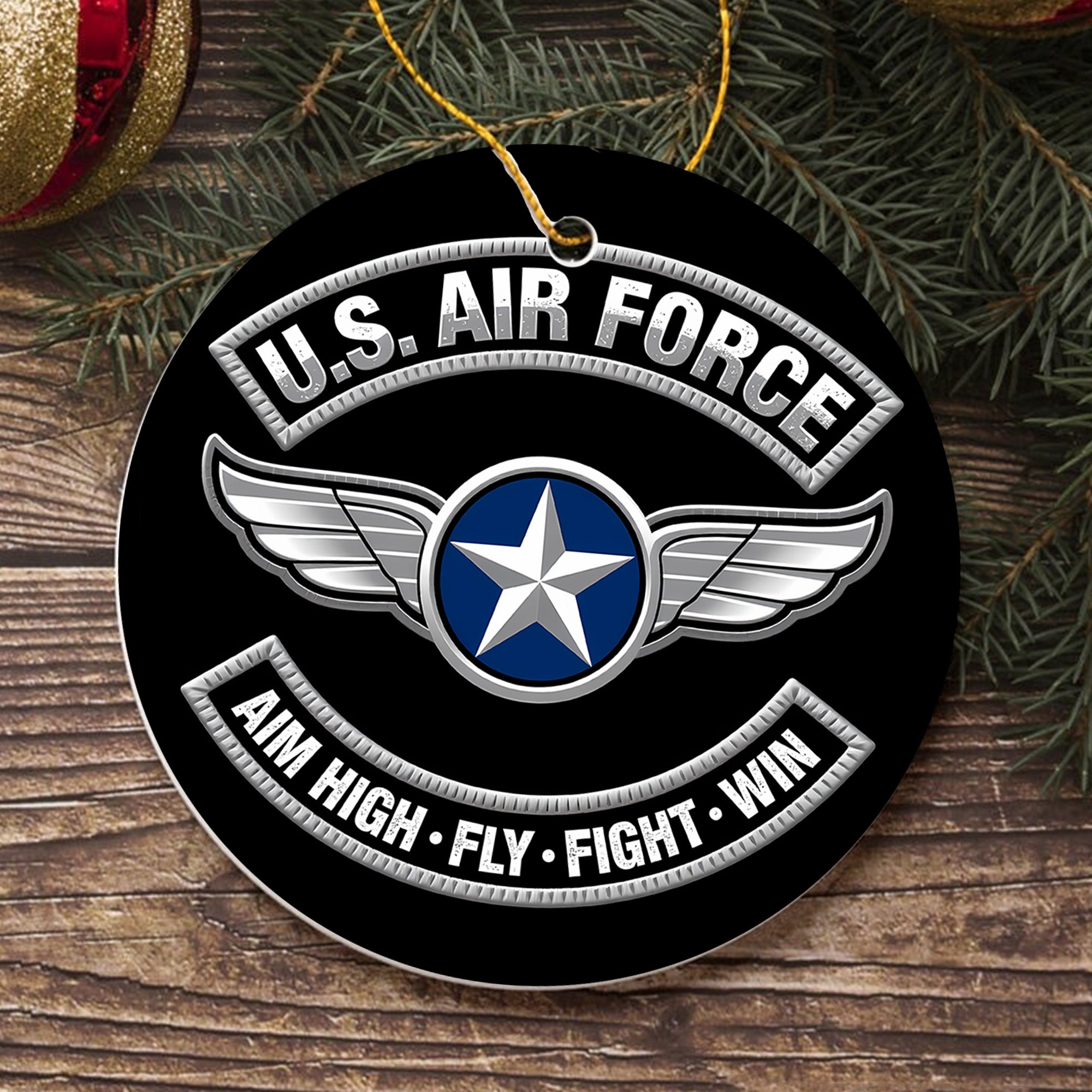 U.S. Air Force Aim High Fly Fight Win Proud Veteran Strength Precision and Commitment to Serve Ornament