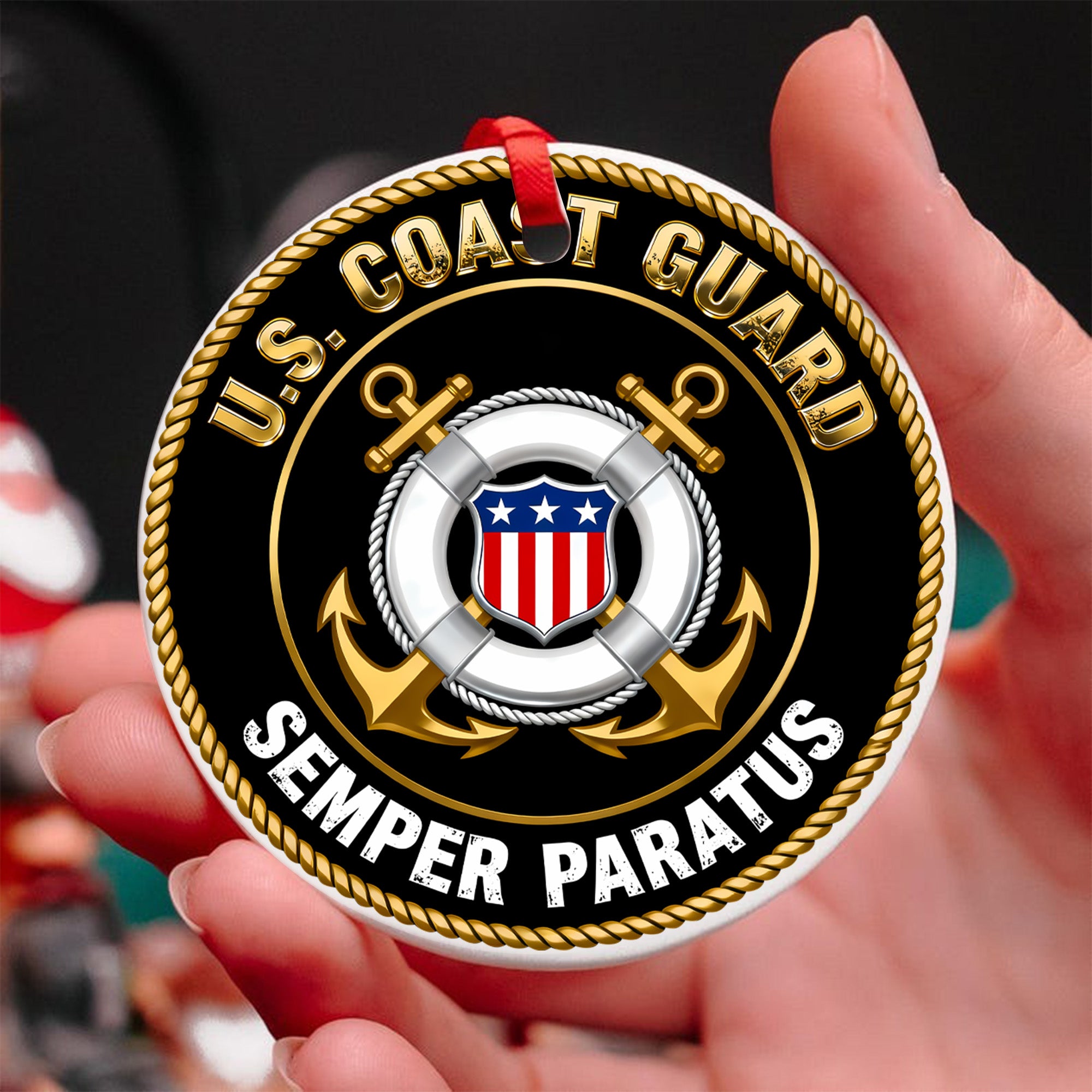 US Coast Guard Semper Paratus Military Veteran Patriotic American Flag Honor Service Freedom Ornament