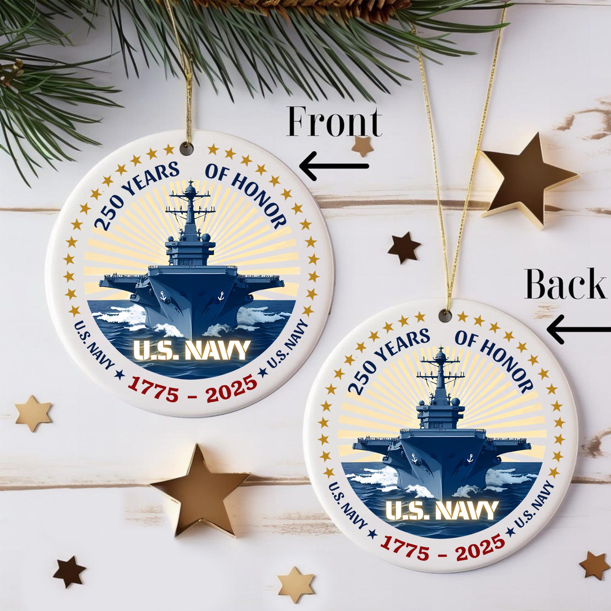 250 Years of Honor US Navy 1775–2025 Proud US Military Veteran Tradition Courage Legacy Ornament