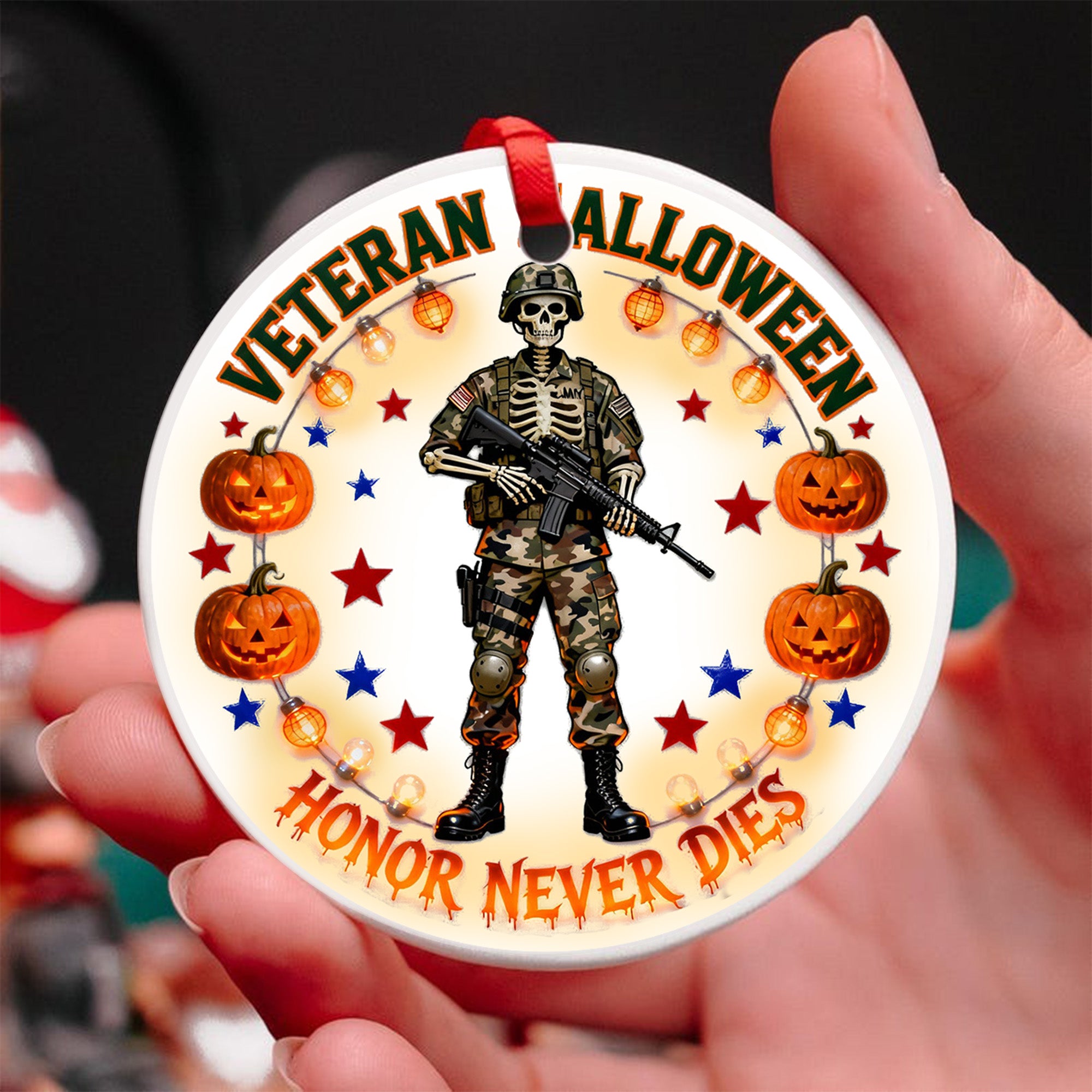 Veteran Halloween Honor Never Dies Proud US Military Veteran Courage Spirit Lives Forever Ornament