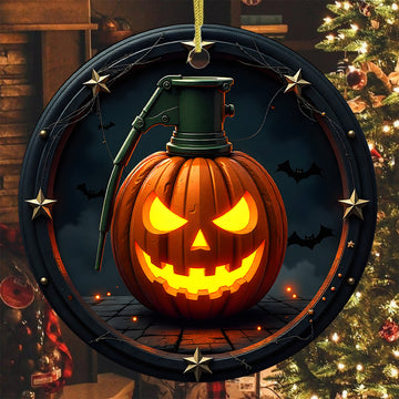Pumpkin Grenade Fierce Halloween Tribute Proud US Military Veteran Courage Honor and Spooky Ornament