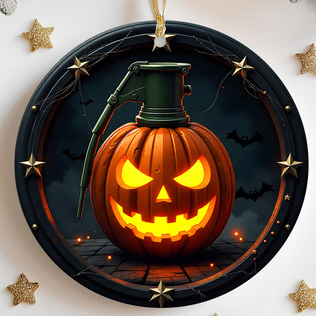 Pumpkin Grenade Fierce Halloween Tribute Proud US Military Veteran Courage Honor and Spooky Ornament