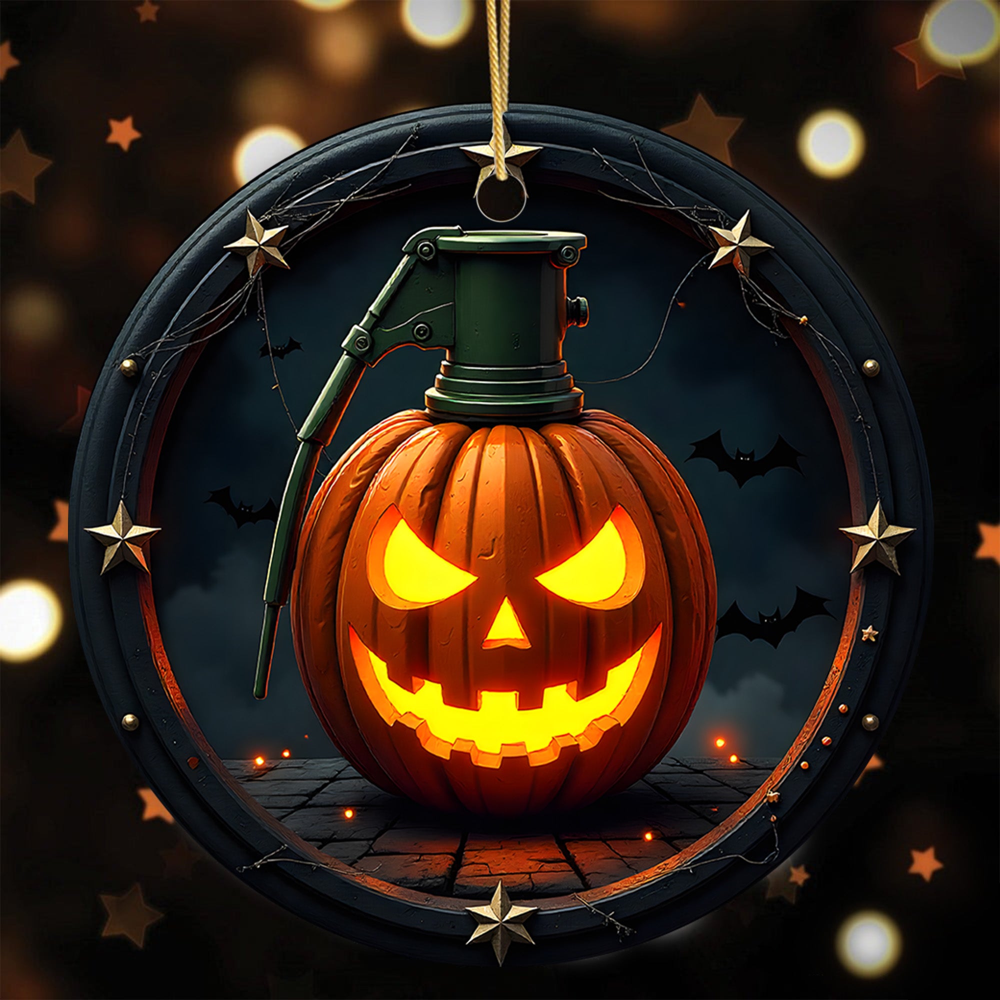 Pumpkin Grenade Fierce Halloween Tribute Proud US Military Veteran Courage Honor and Spooky Ornament