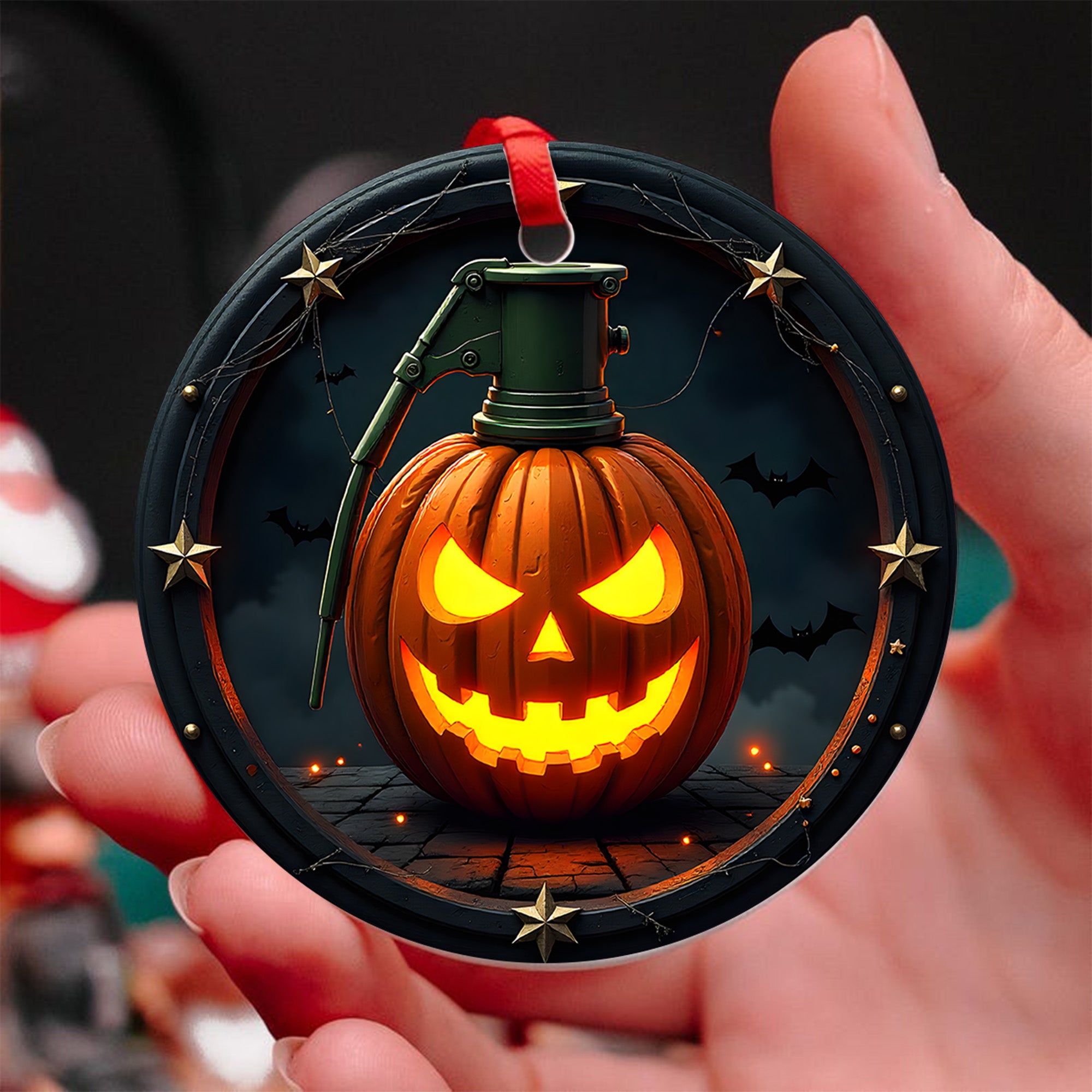 Pumpkin Grenade Fierce Halloween Tribute Proud US Military Veteran Courage Honor and Spooky Ornament