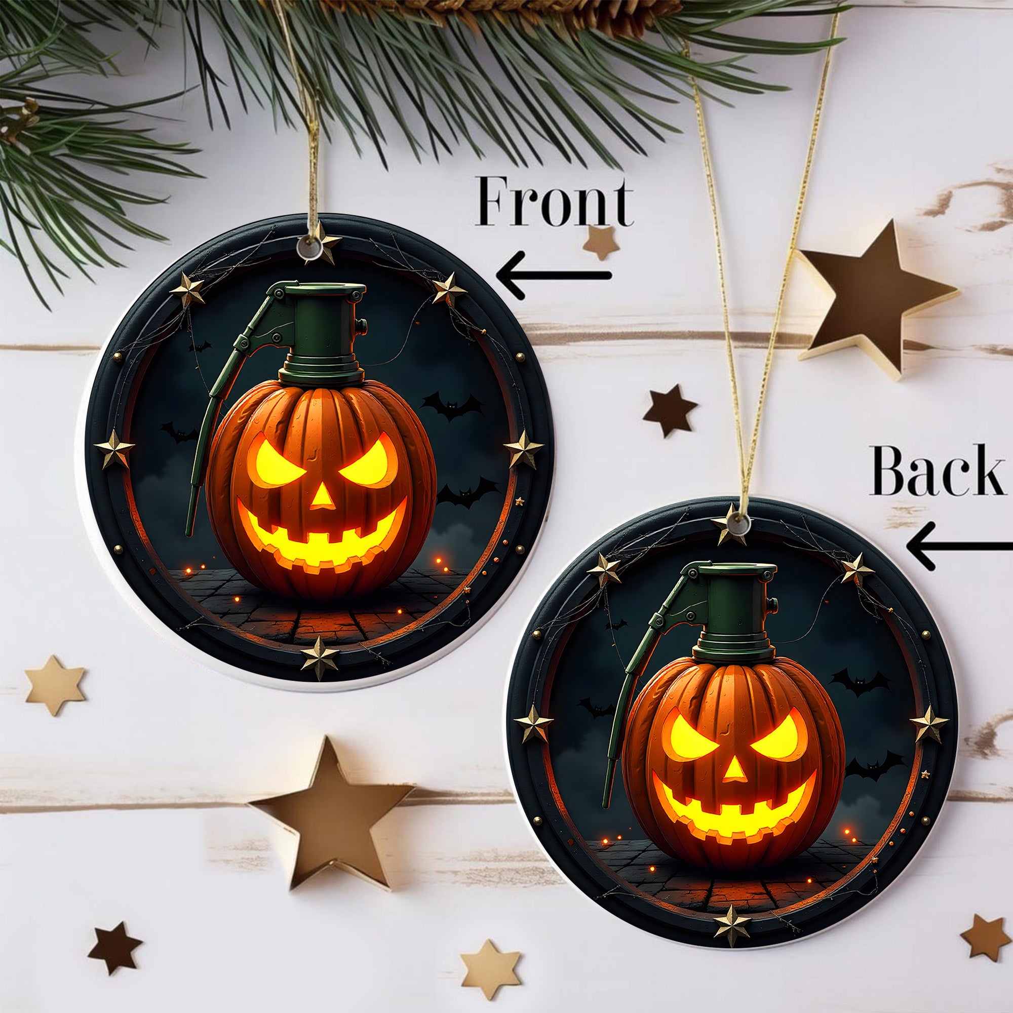 Pumpkin Grenade Fierce Halloween Tribute Proud US Military Veteran Courage Honor and Spooky Ornament