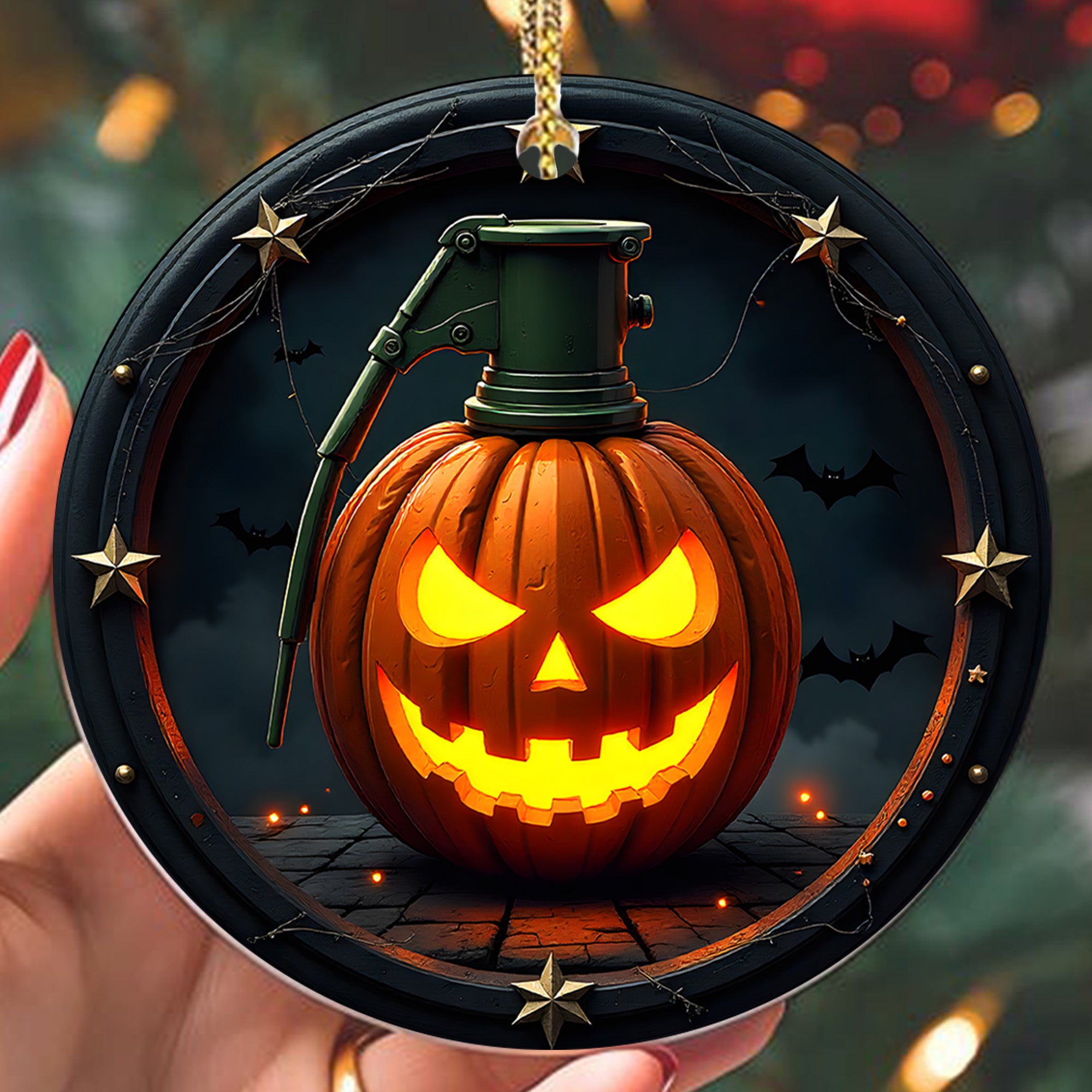 Pumpkin Grenade Fierce Halloween Tribute Proud US Military Veteran Courage Honor and Spooky Ornament