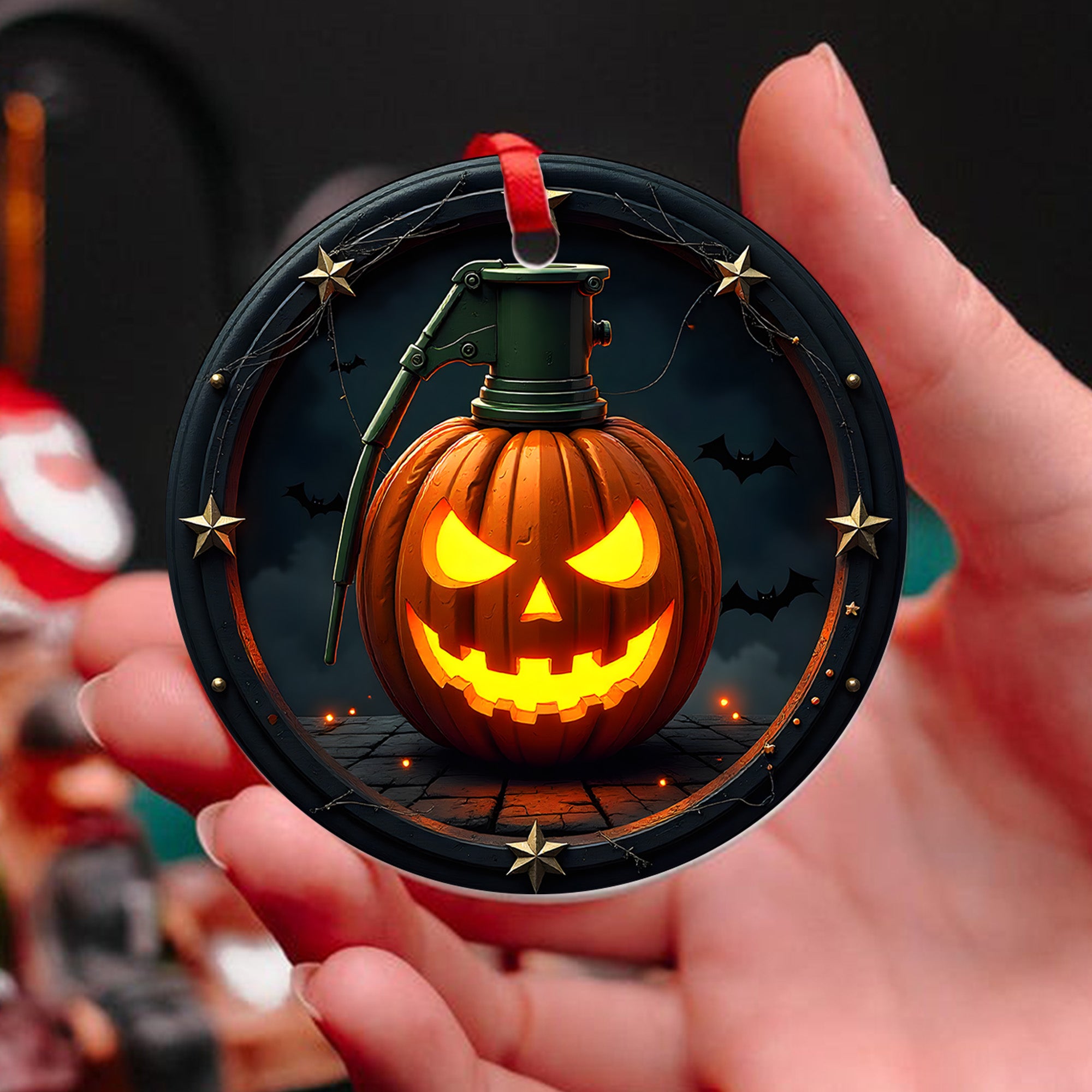 Pumpkin Grenade Fierce Halloween Tribute Proud US Military Veteran Courage Honor and Spooky Ornament