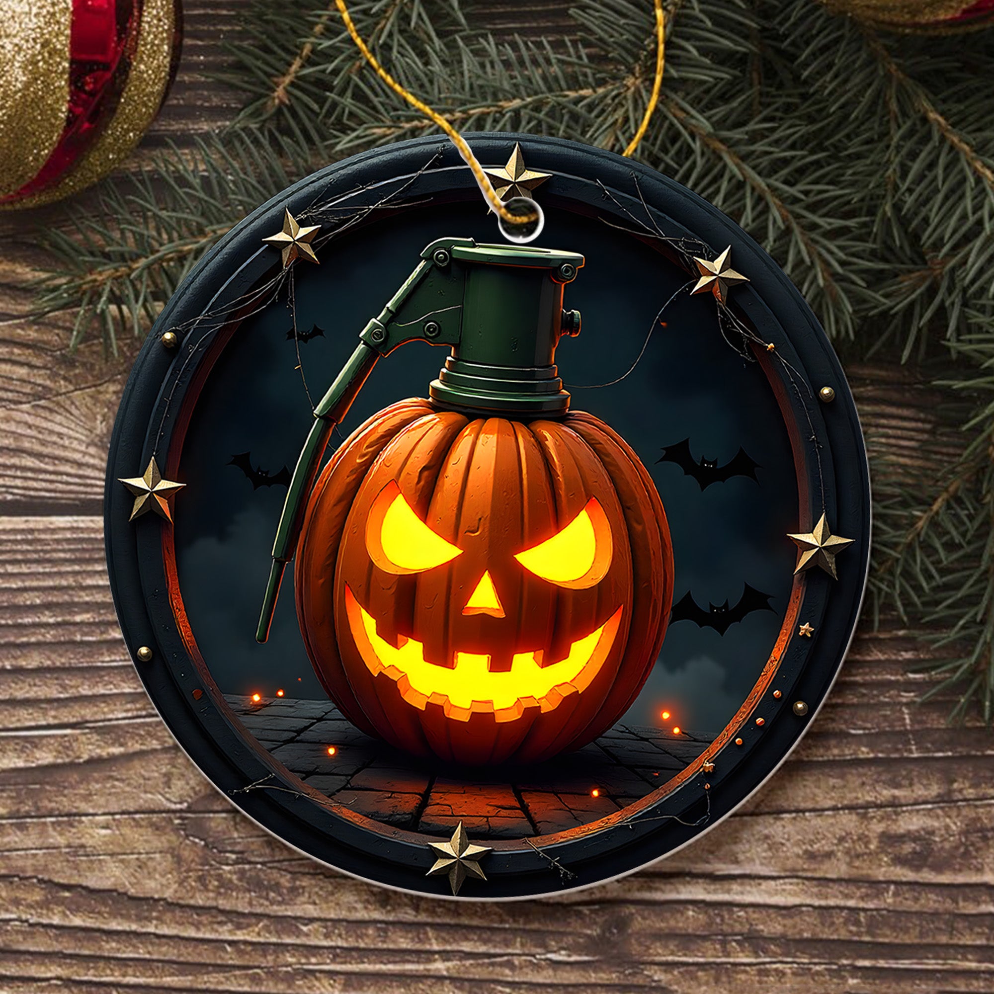 Pumpkin Grenade Fierce Halloween Tribute Proud US Military Veteran Courage Honor and Spooky Ornament