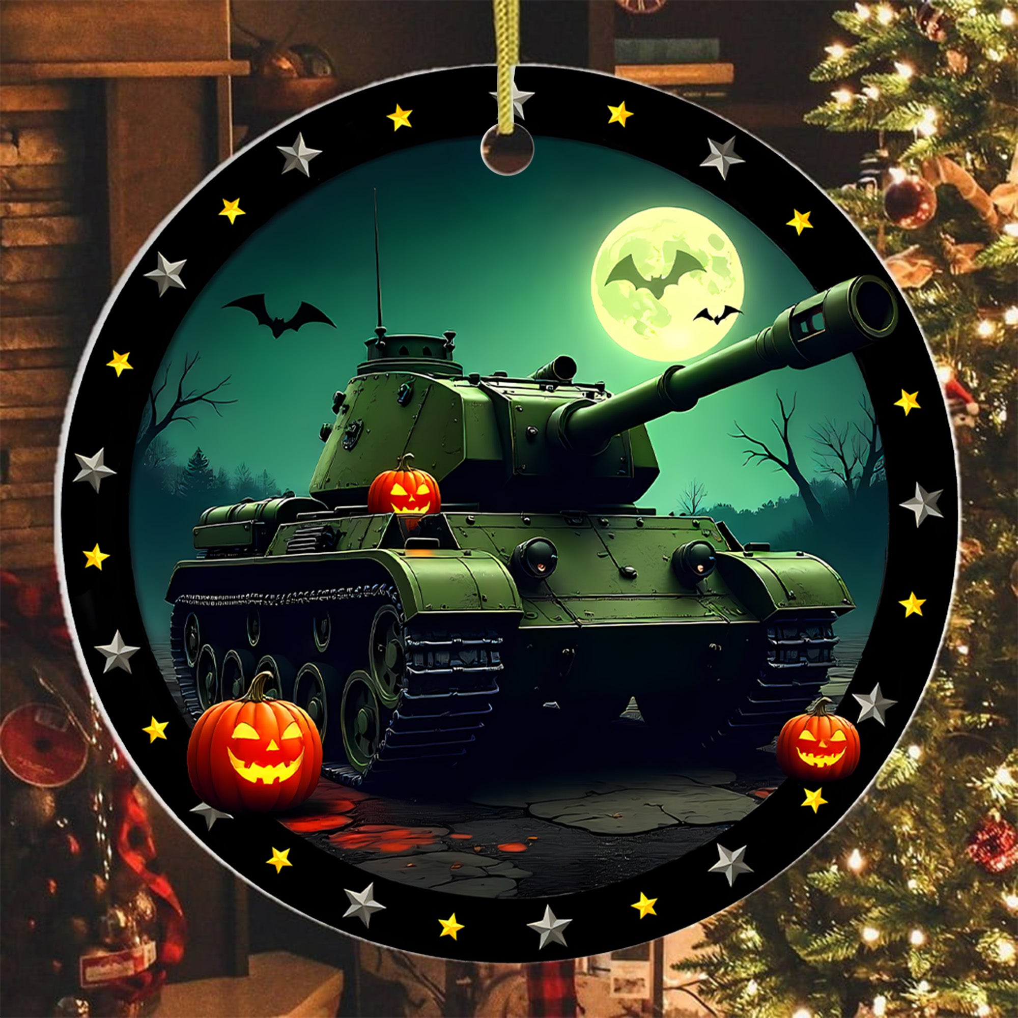Haunted Tank Proud US Military Veteran Spooky Strength Honor Courage Spirit Lives Forever Ornament