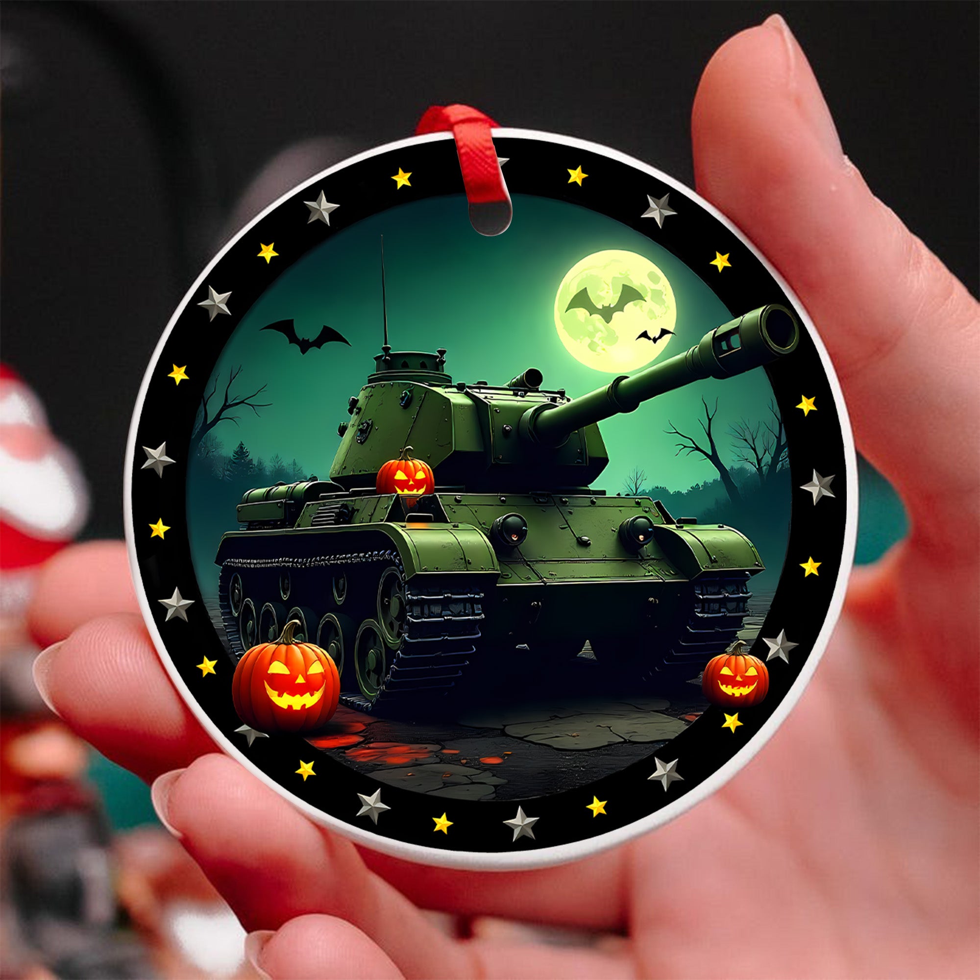 Haunted Tank Proud US Military Veteran Spooky Strength Honor Courage Spirit Lives Forever Ornament