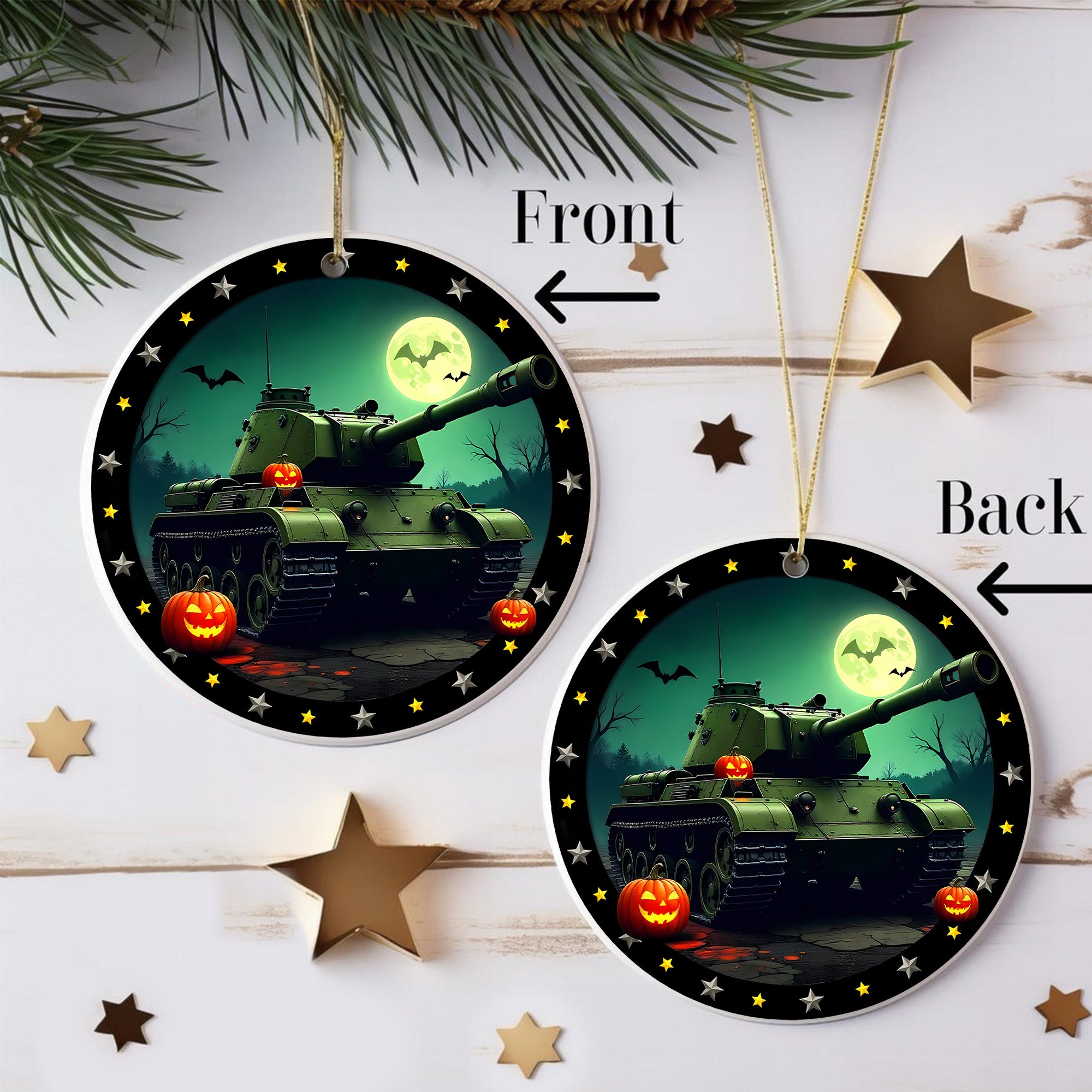 Haunted Tank Proud US Military Veteran Spooky Strength Honor Courage Spirit Lives Forever Ornament