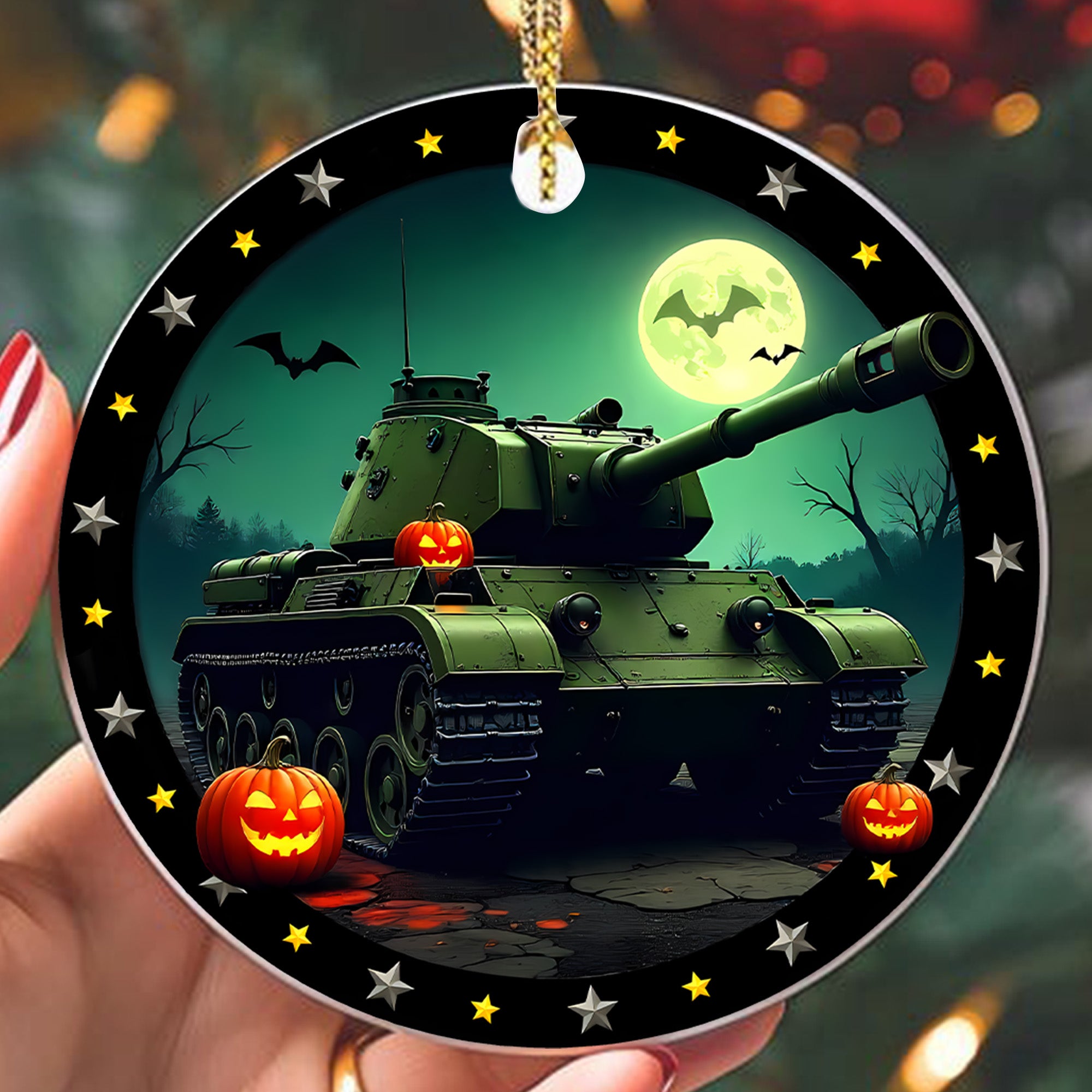 Haunted Tank Proud US Military Veteran Spooky Strength Honor Courage Spirit Lives Forever Ornament