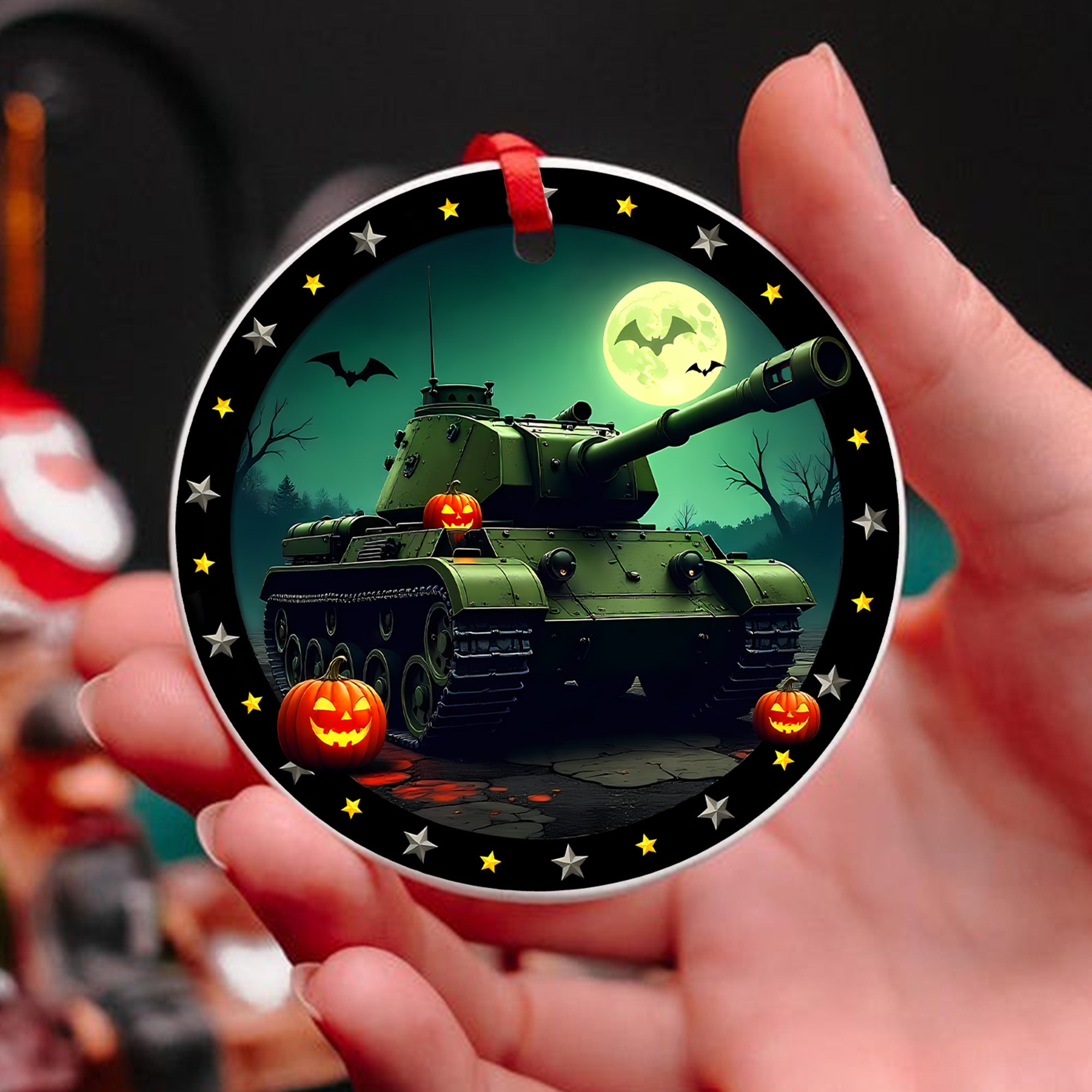 Haunted Tank Proud US Military Veteran Spooky Strength Honor Courage Spirit Lives Forever Ornament