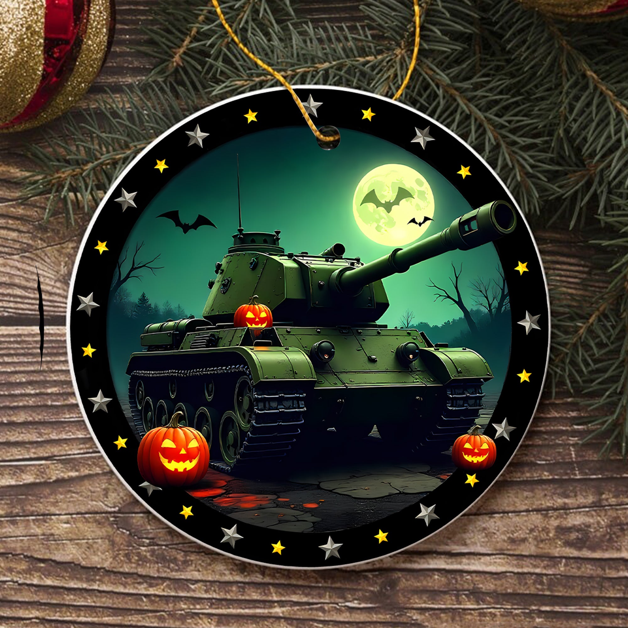 Haunted Tank Proud US Military Veteran Spooky Strength Honor Courage Spirit Lives Forever Ornament