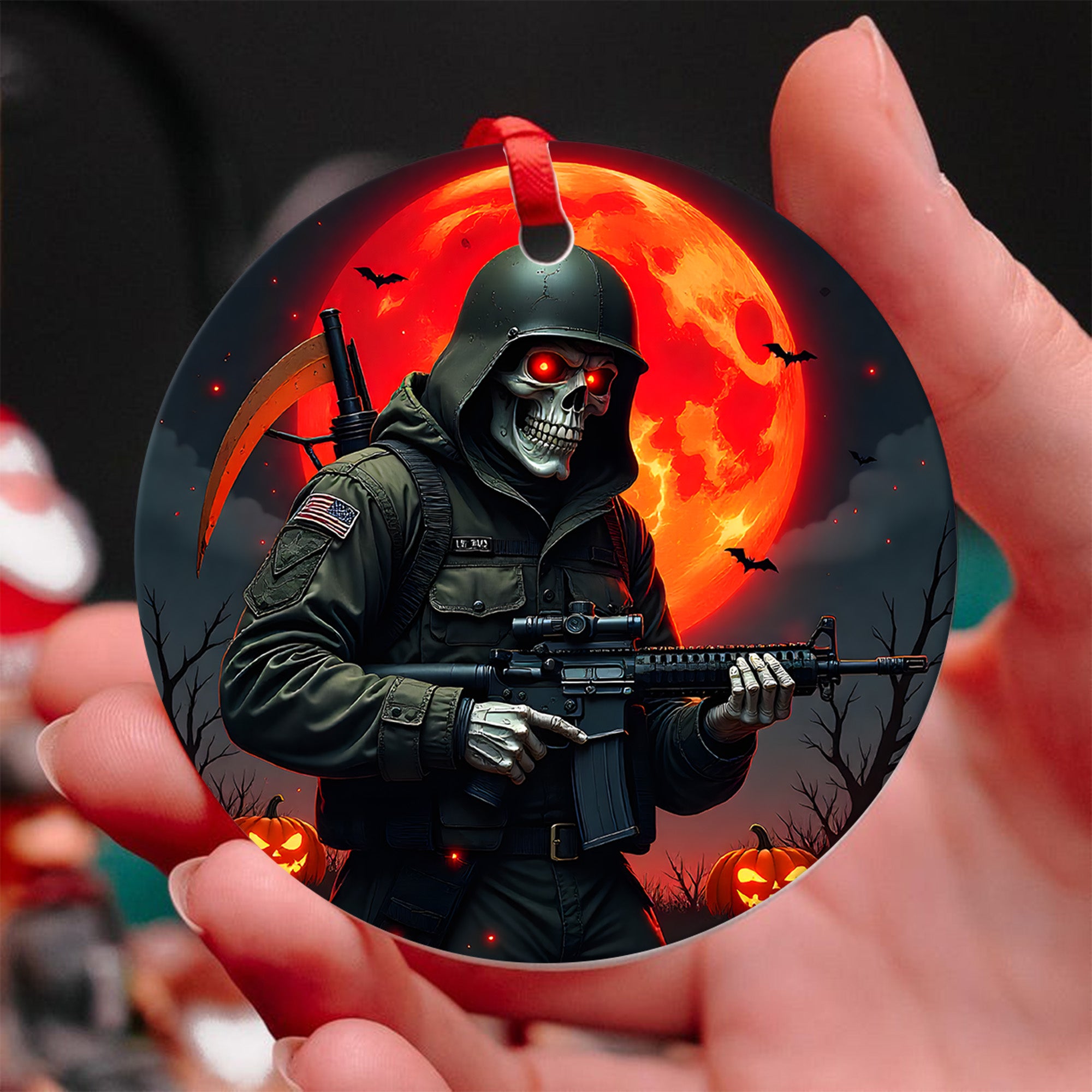 Grim Reaper Soldier Proud US Military Veteran Honor Courage Sacrifice Spirit Lives Forever Ornament