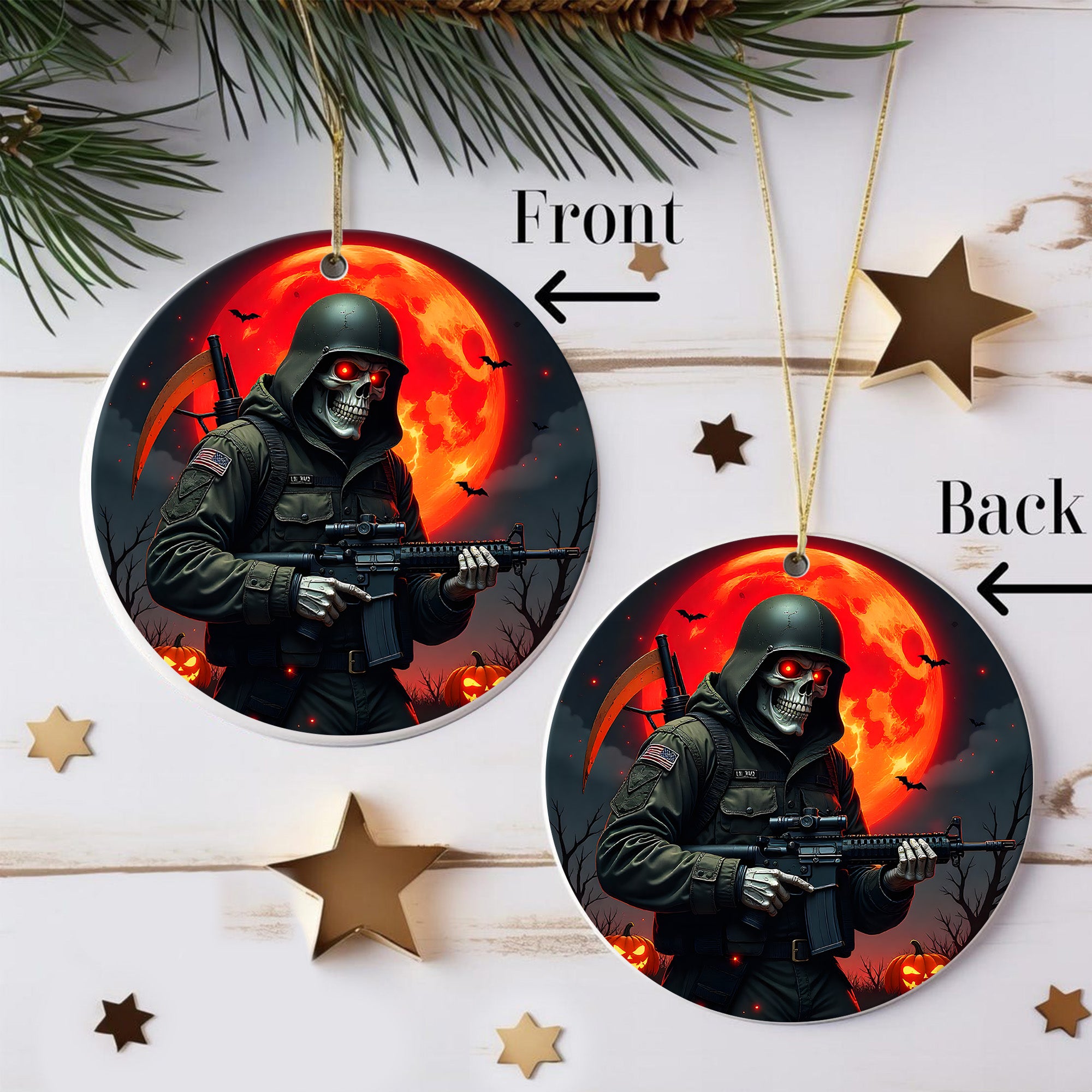 Grim Reaper Soldier Proud US Military Veteran Honor Courage Sacrifice Spirit Lives Forever Ornament
