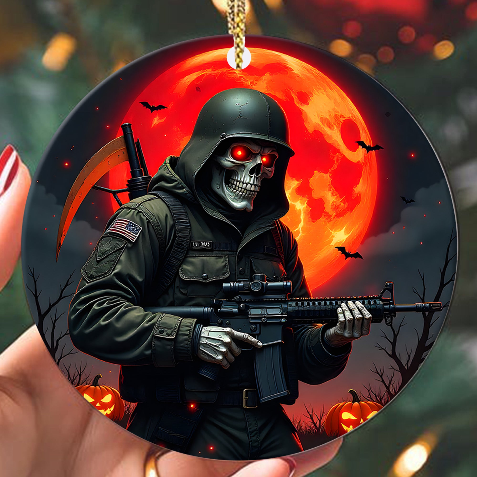 Grim Reaper Soldier Proud US Military Veteran Honor Courage Sacrifice Spirit Lives Forever Ornament