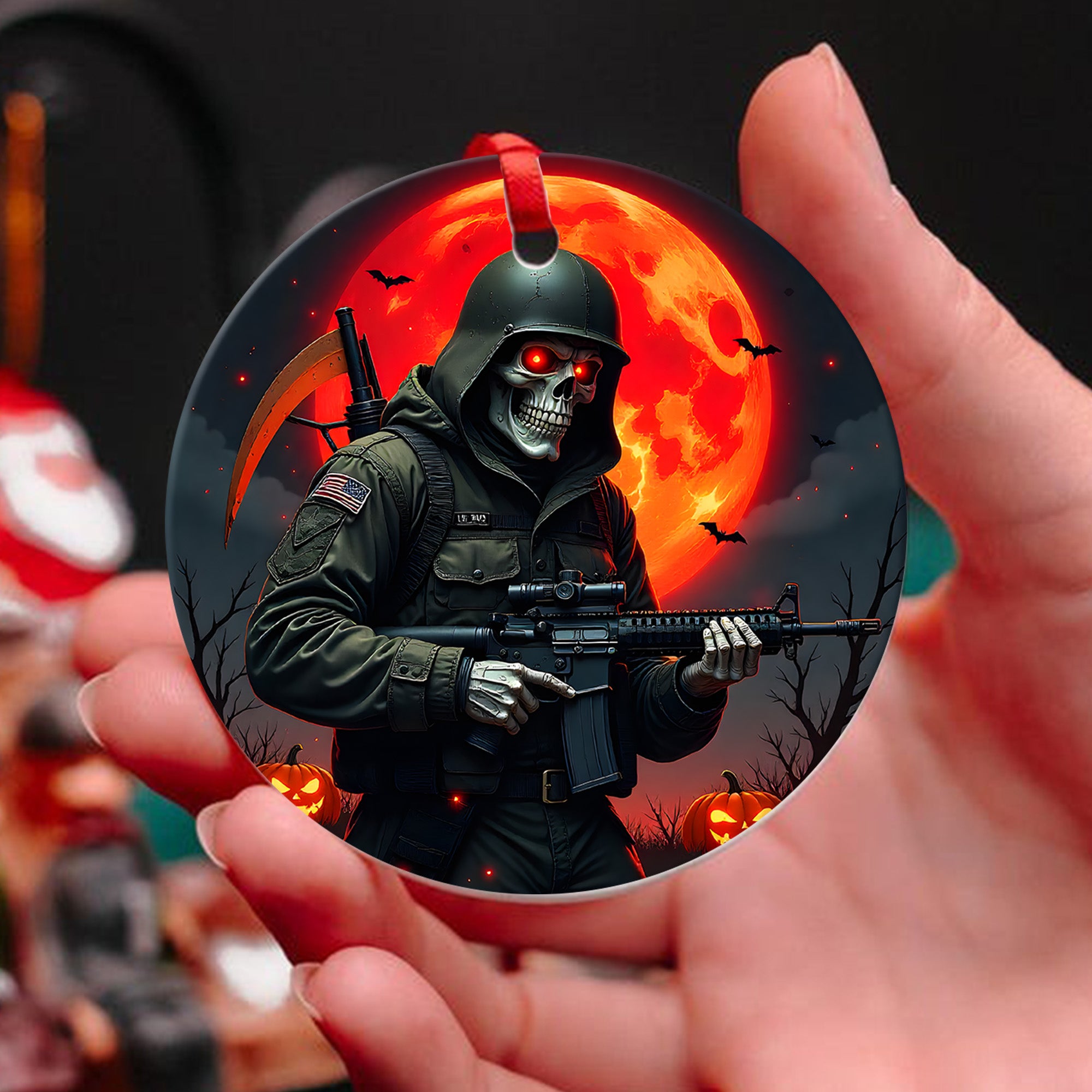 Grim Reaper Soldier Proud US Military Veteran Honor Courage Sacrifice Spirit Lives Forever Ornament