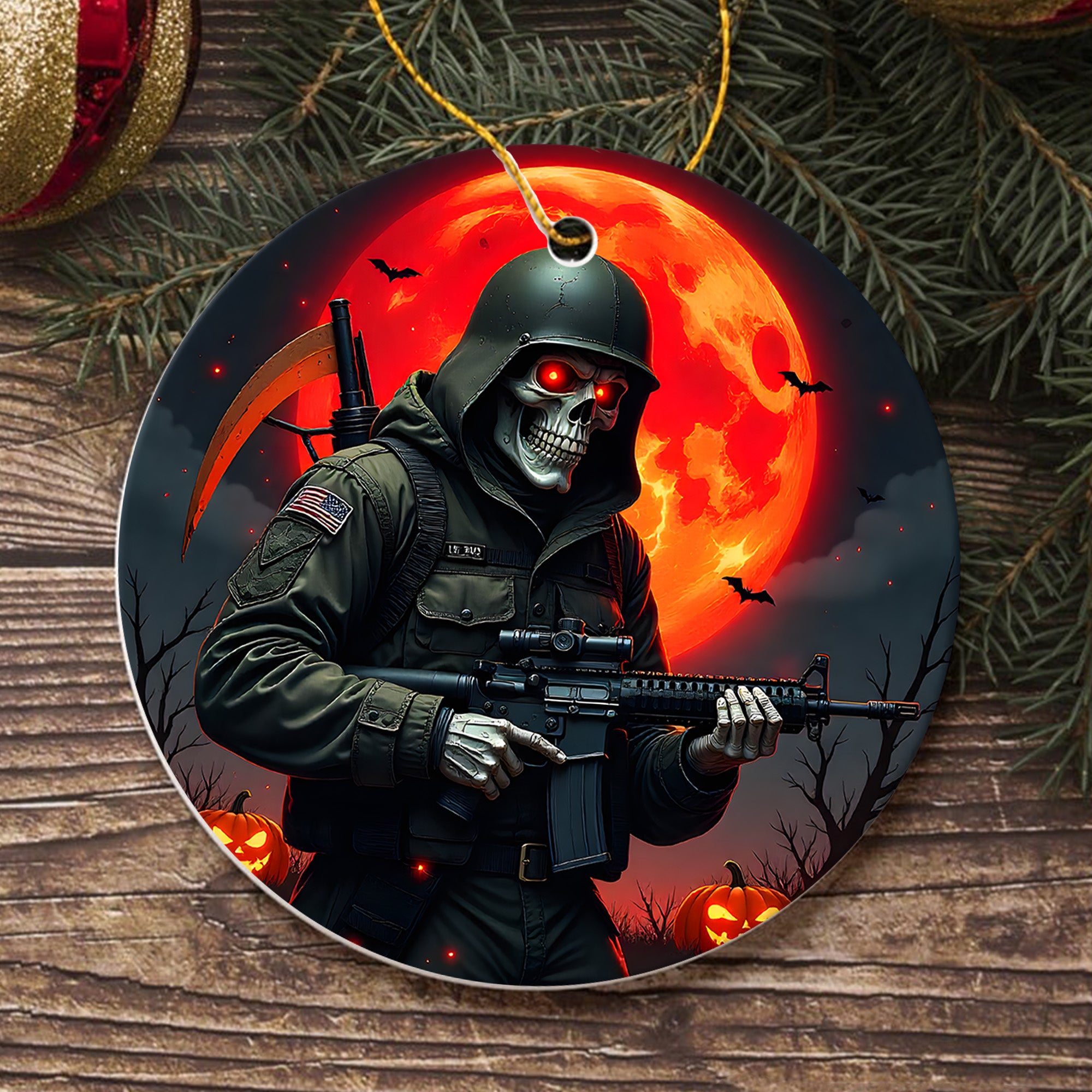 Grim Reaper Soldier Proud US Military Veteran Honor Courage Sacrifice Spirit Lives Forever Ornament